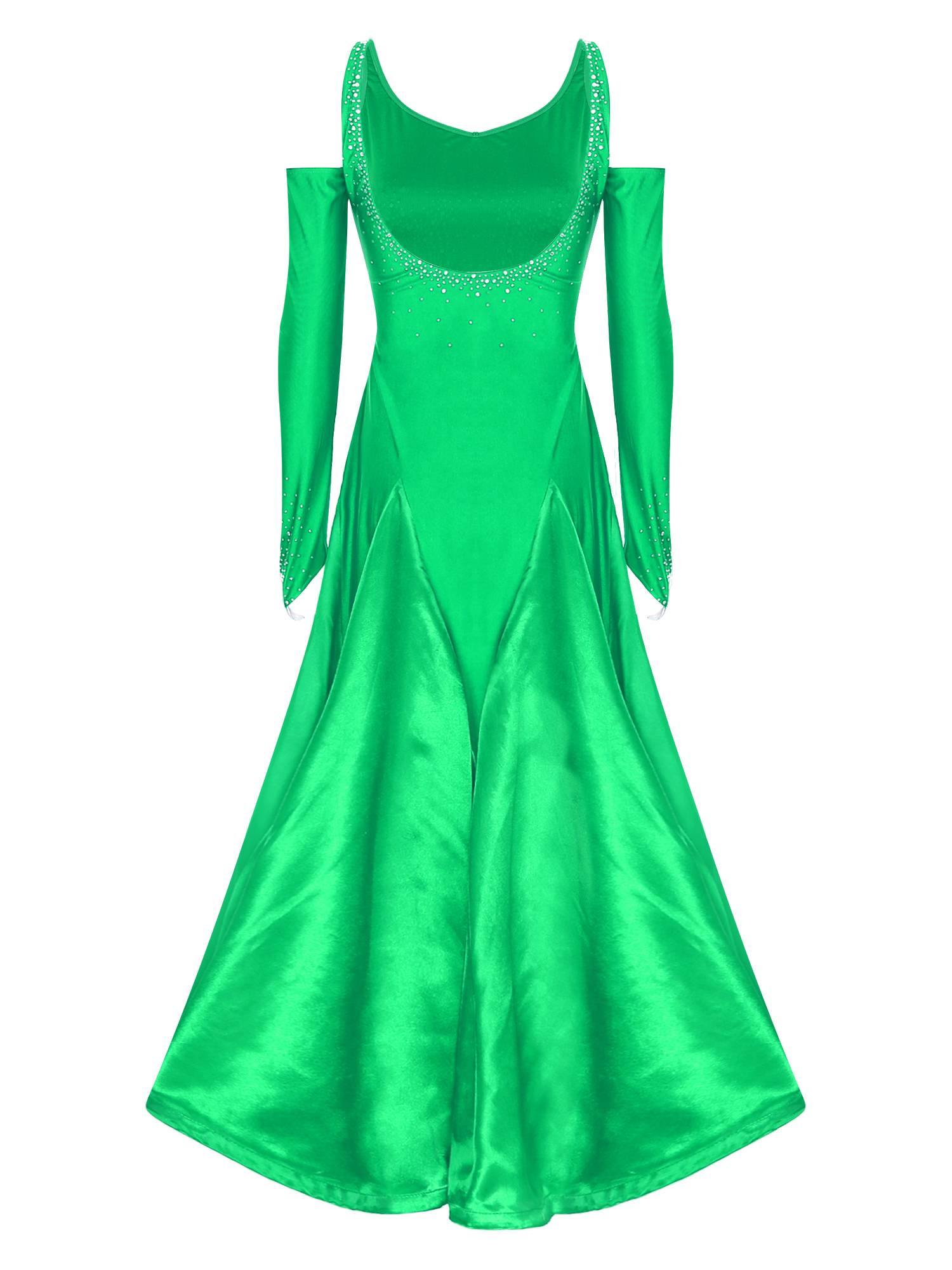 Women Scoop Neck Cold Shoulder Rhinestones A-line Contemporary Dance Dress