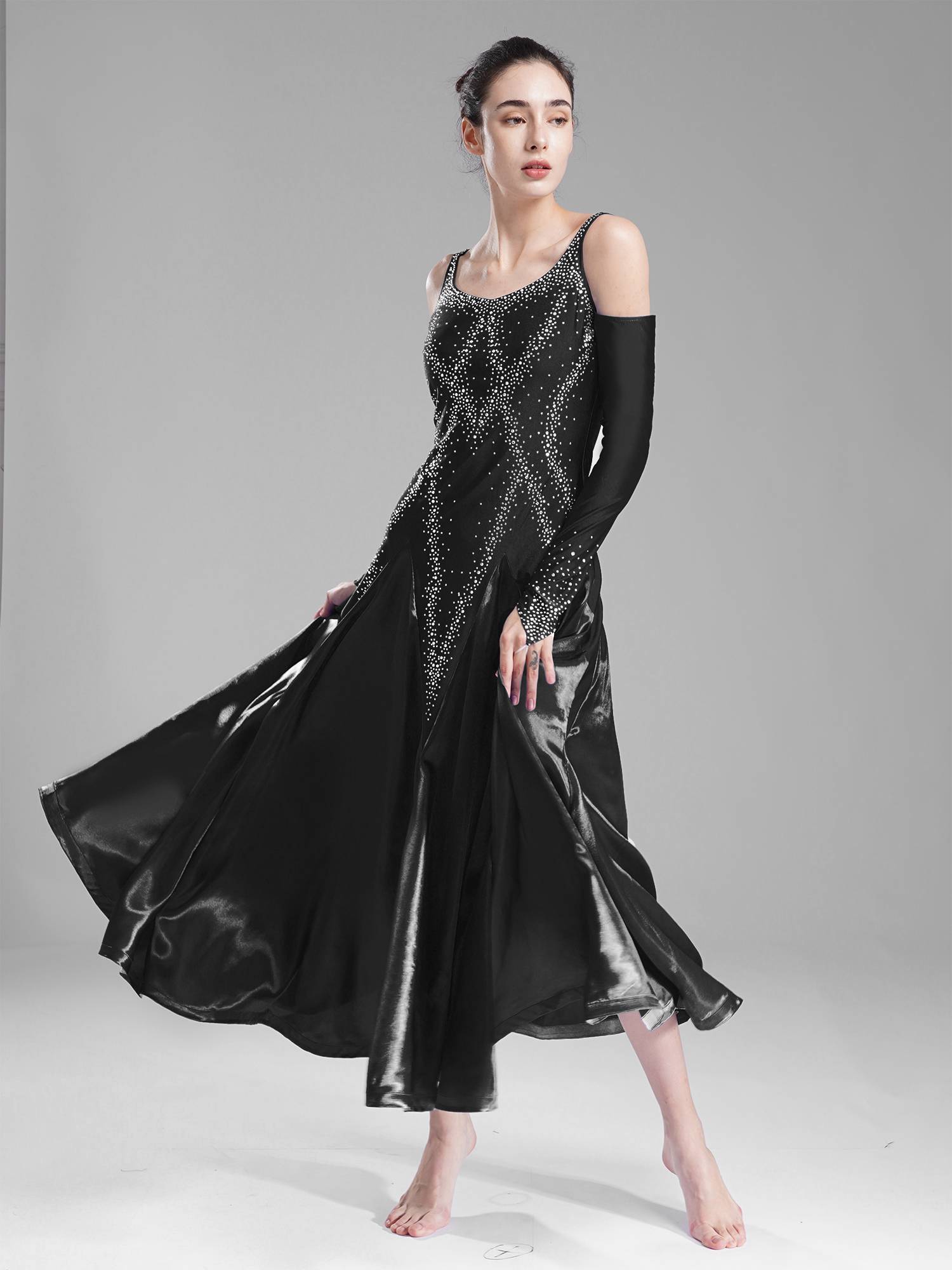 Women Scoop Neck Cold Shoulder Rhinestones A-line Contemporary Dance Dress