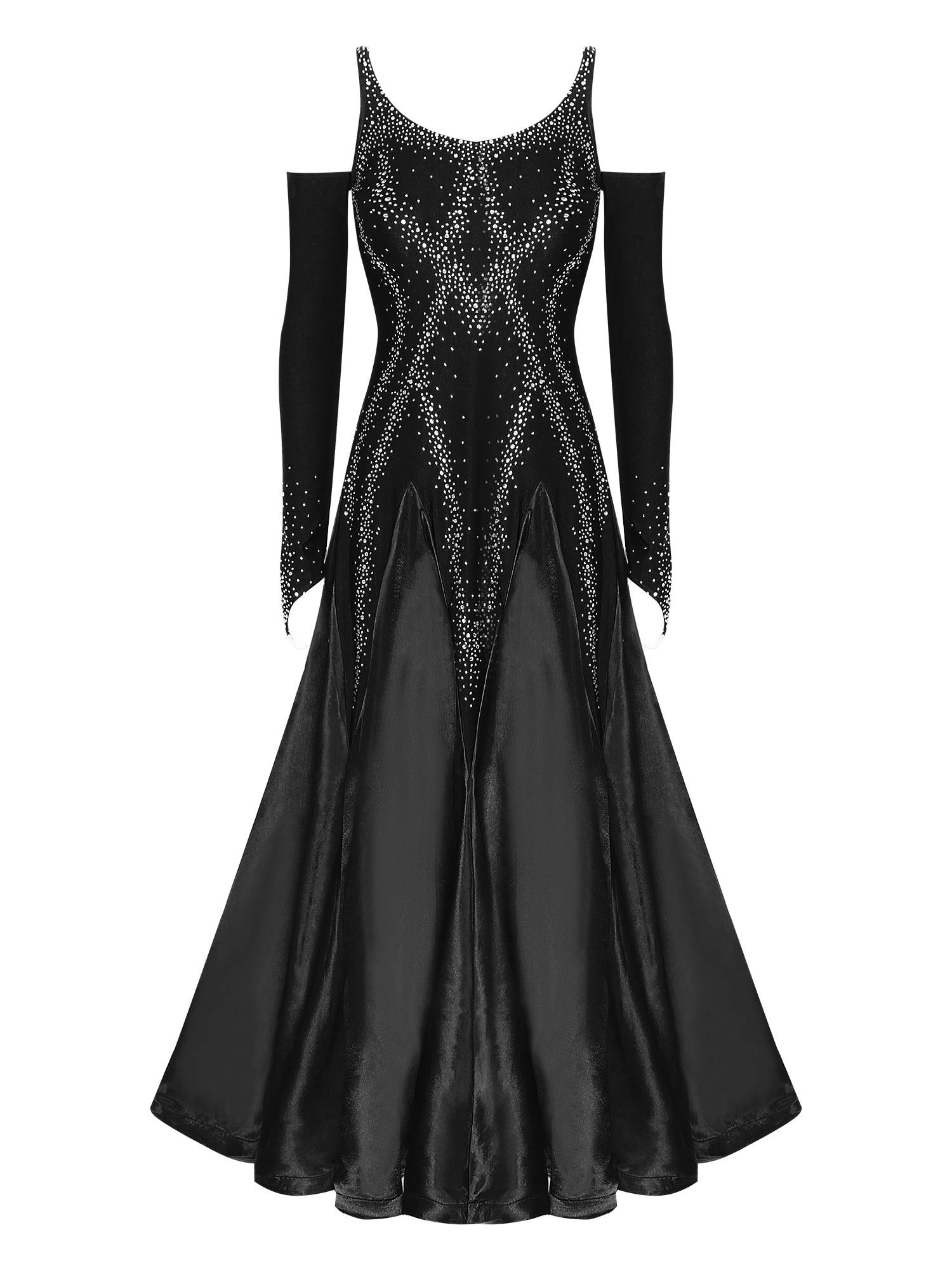 Women Scoop Neck Cold Shoulder Rhinestones A-line Contemporary Dance Dress