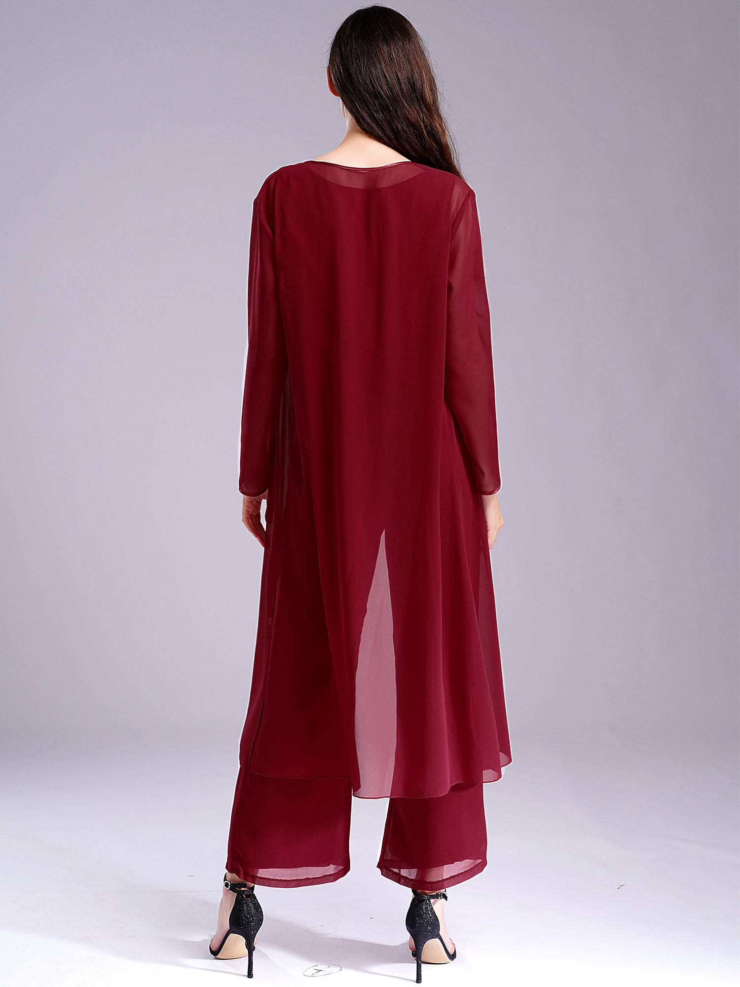 Women 3pcs Chiffon Sequin Tank Top Long Sleeve Cardigan and Pants Suit