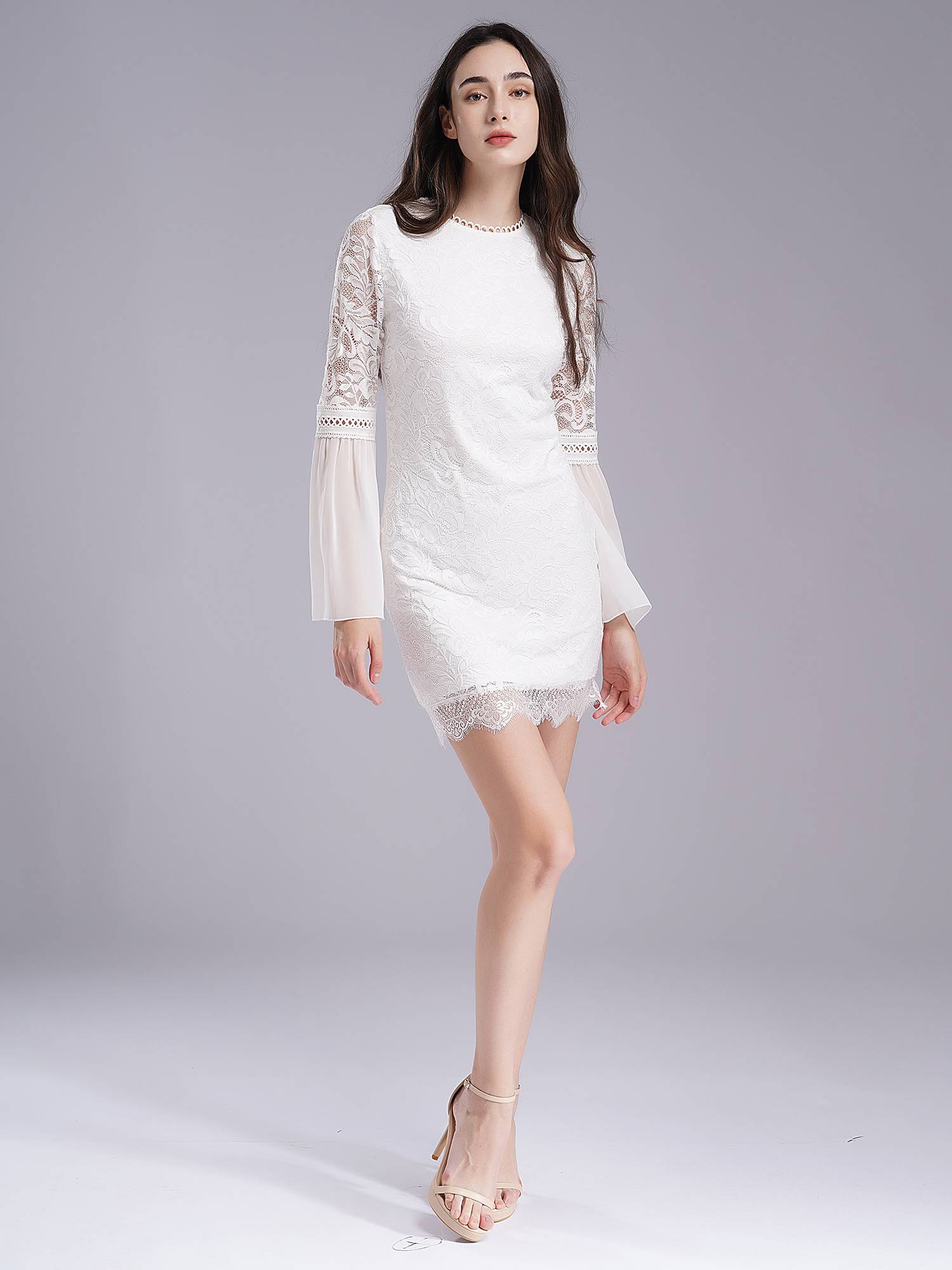 Women Flare Sleeve Floral Lace Pencil Dress for Cocktail