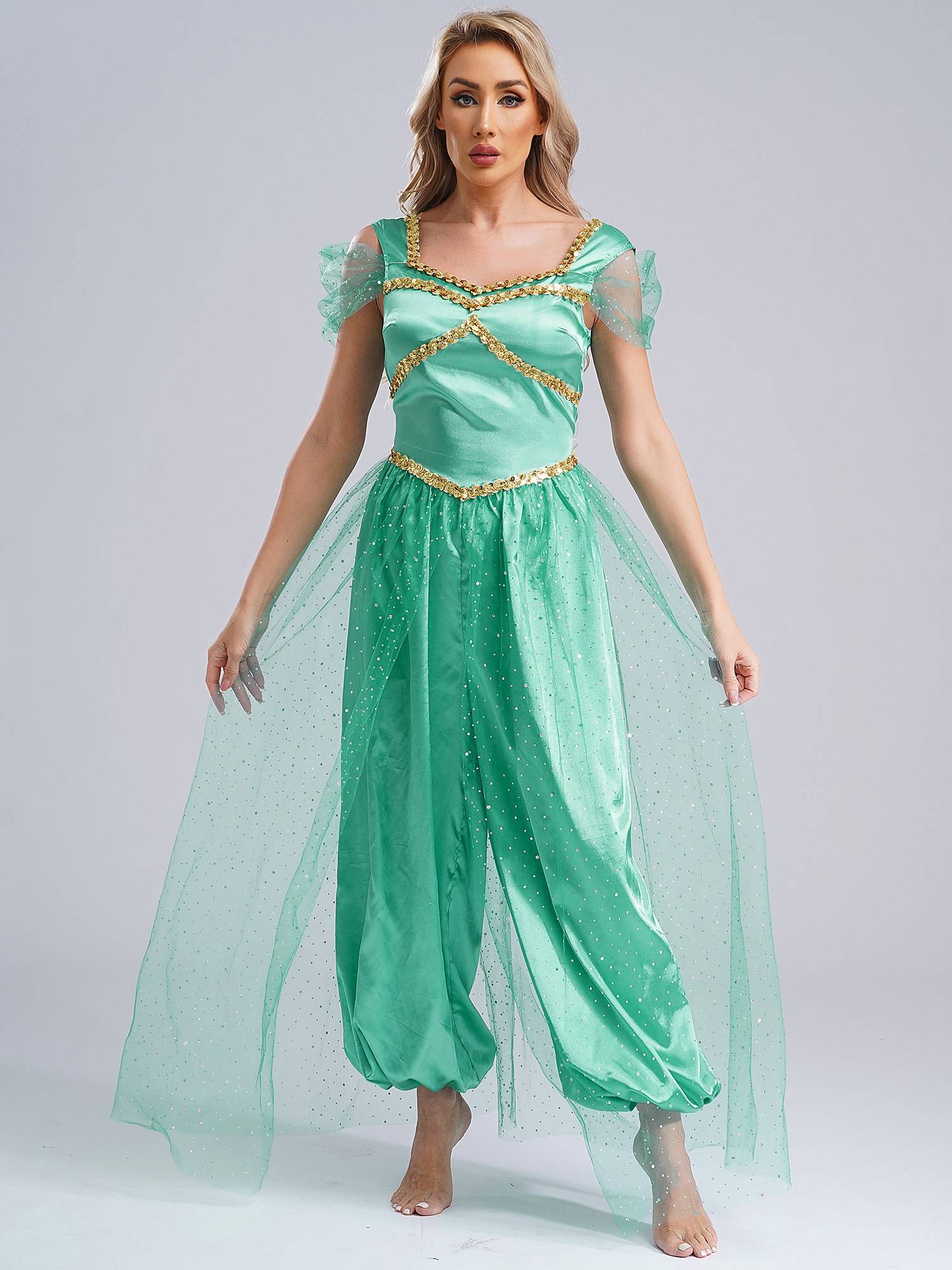 Women Sequin Pumpkin Pants with Tulle Overlay Belly Dance Jumpsuit