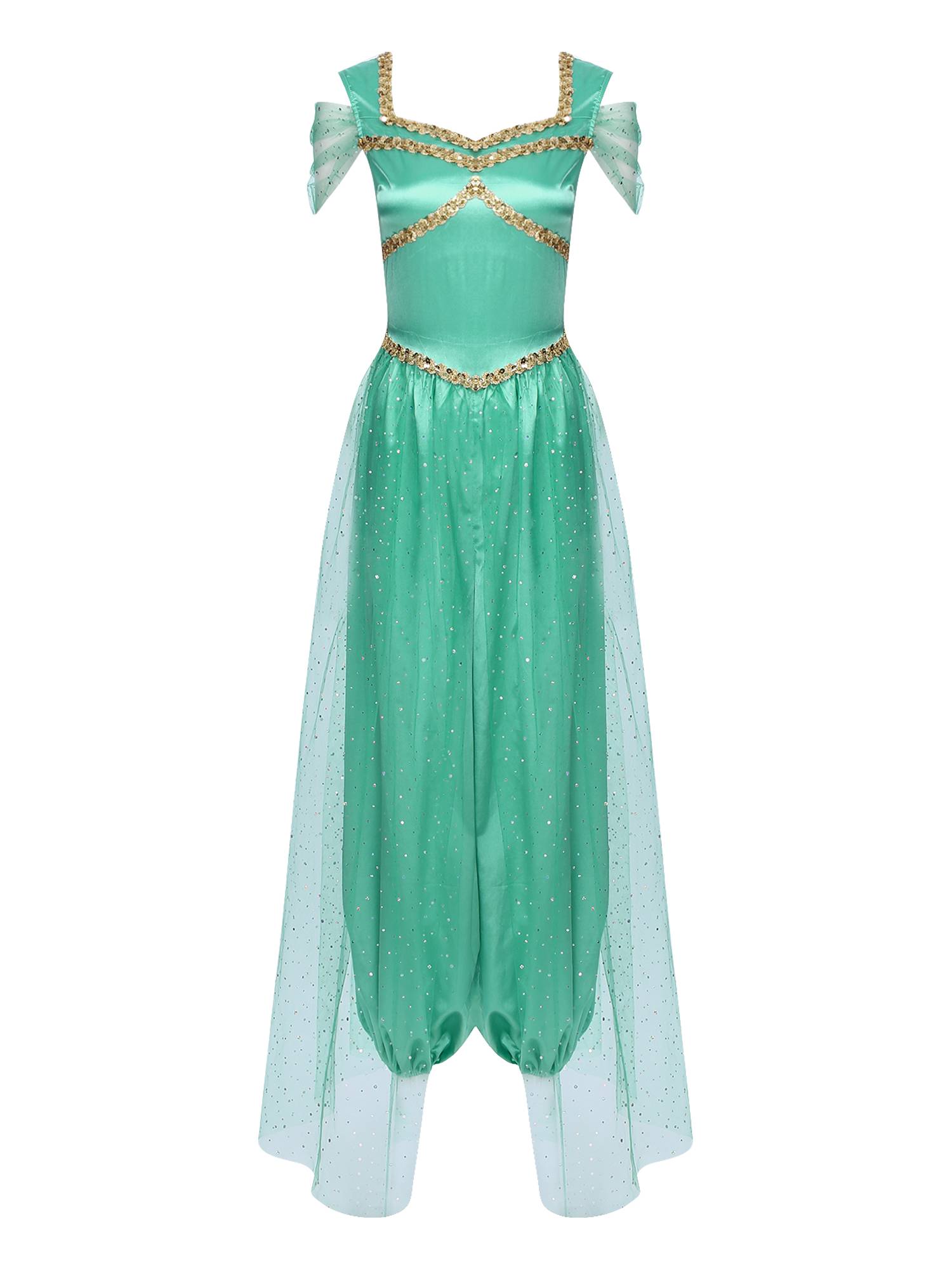 Women Sequin Pumpkin Pants with Tulle Overlay Belly Dance Jumpsuit