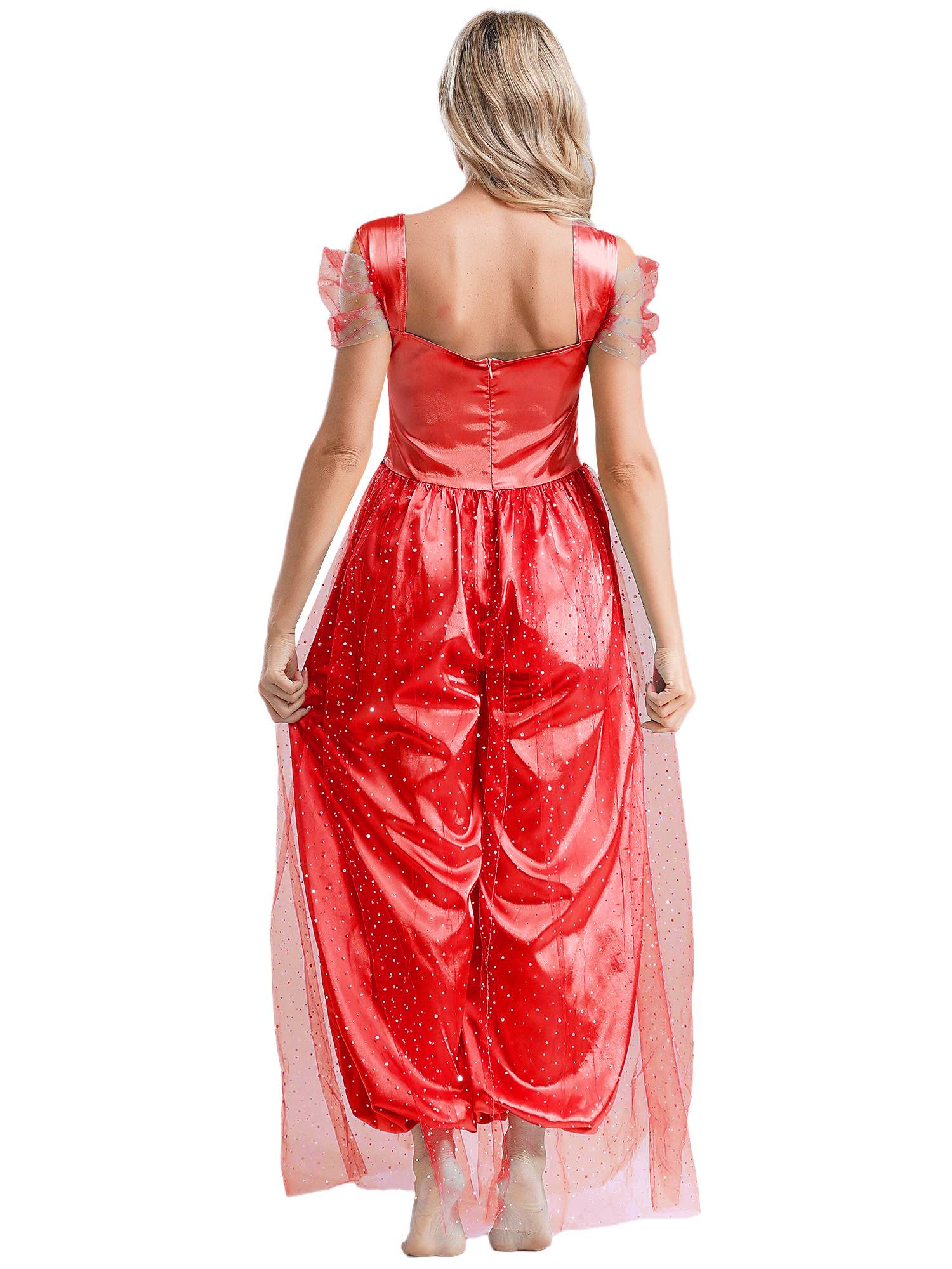 Women Sequin Pumpkin Pants with Tulle Overlay Belly Dance Jumpsuit