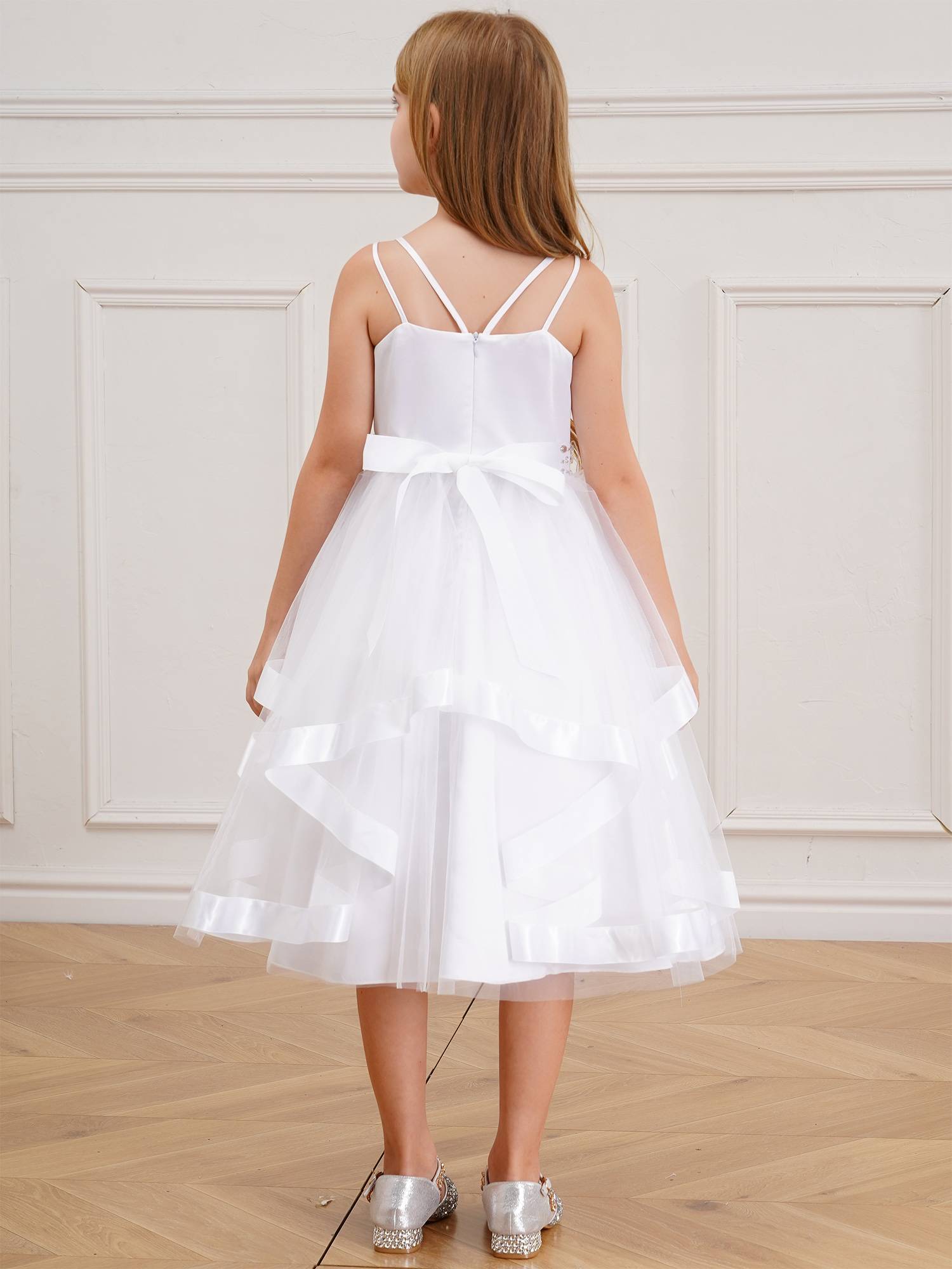 Kids Girl Straps Tiered Tulle Communion Dress with Rhinestone Belt