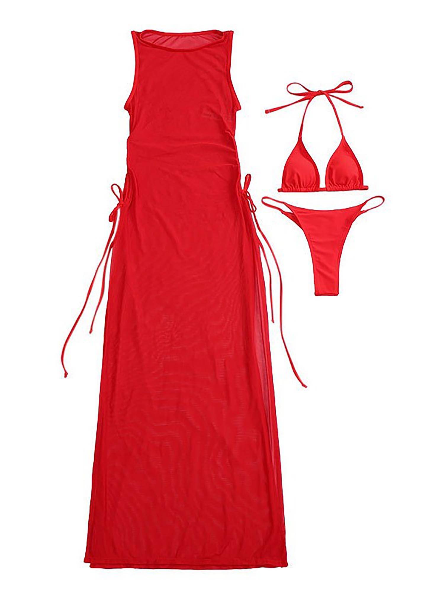Women 3pcs Bikini Swimsuit Set with Mesh Side Slit Cover Up Dress