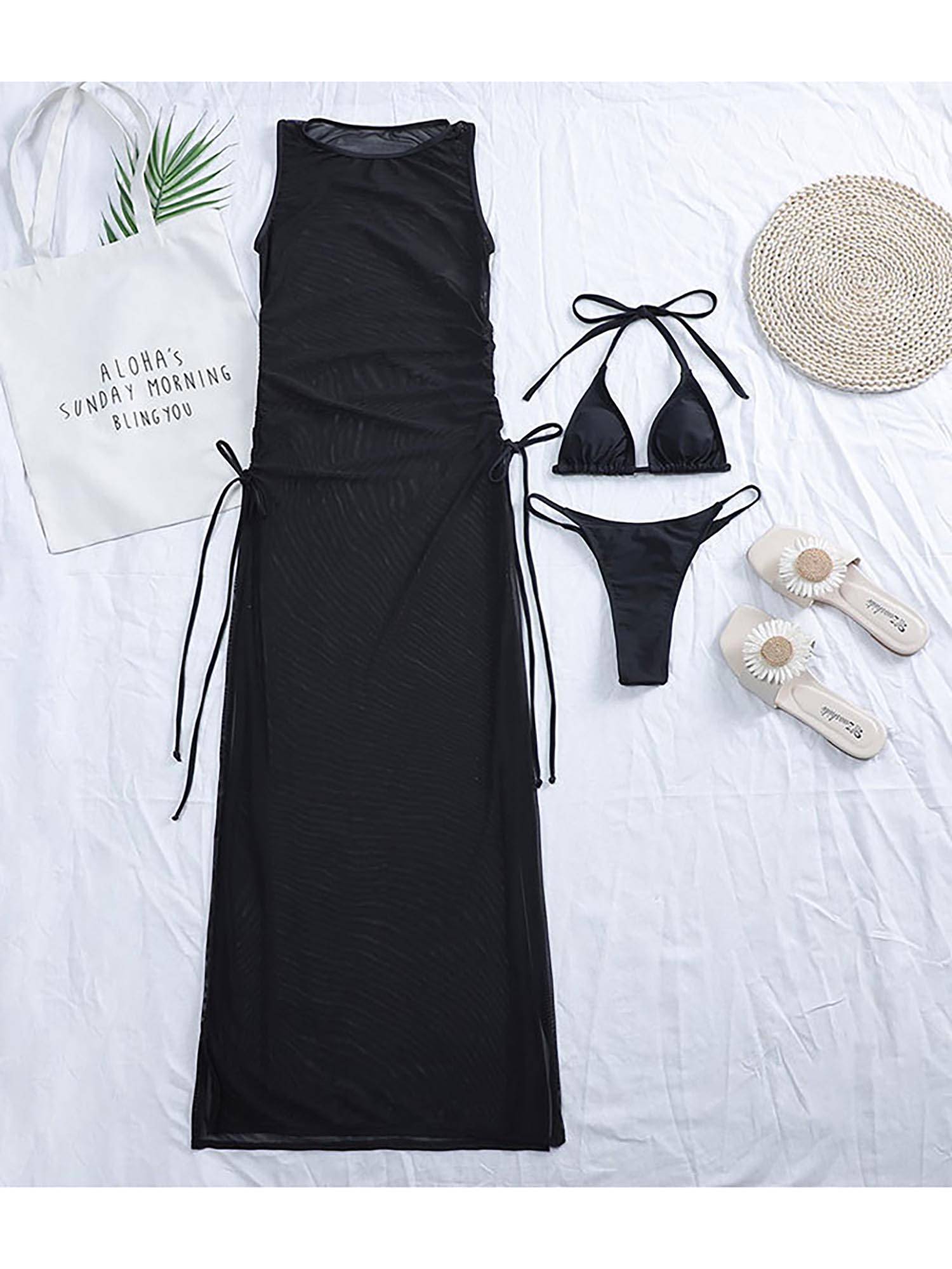 Women 3pcs Bikini Swimsuit Set with Mesh Side Slit Cover Up Dress
