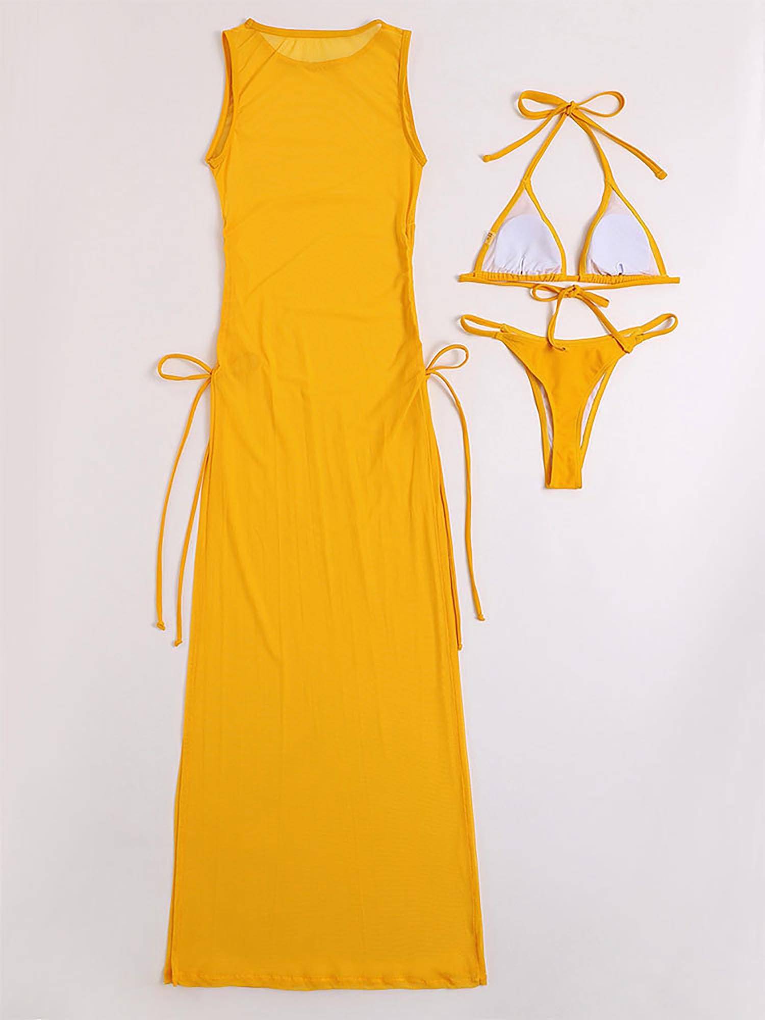 Women 3pcs Bikini Swimsuit Set with Mesh Side Slit Cover Up Dress