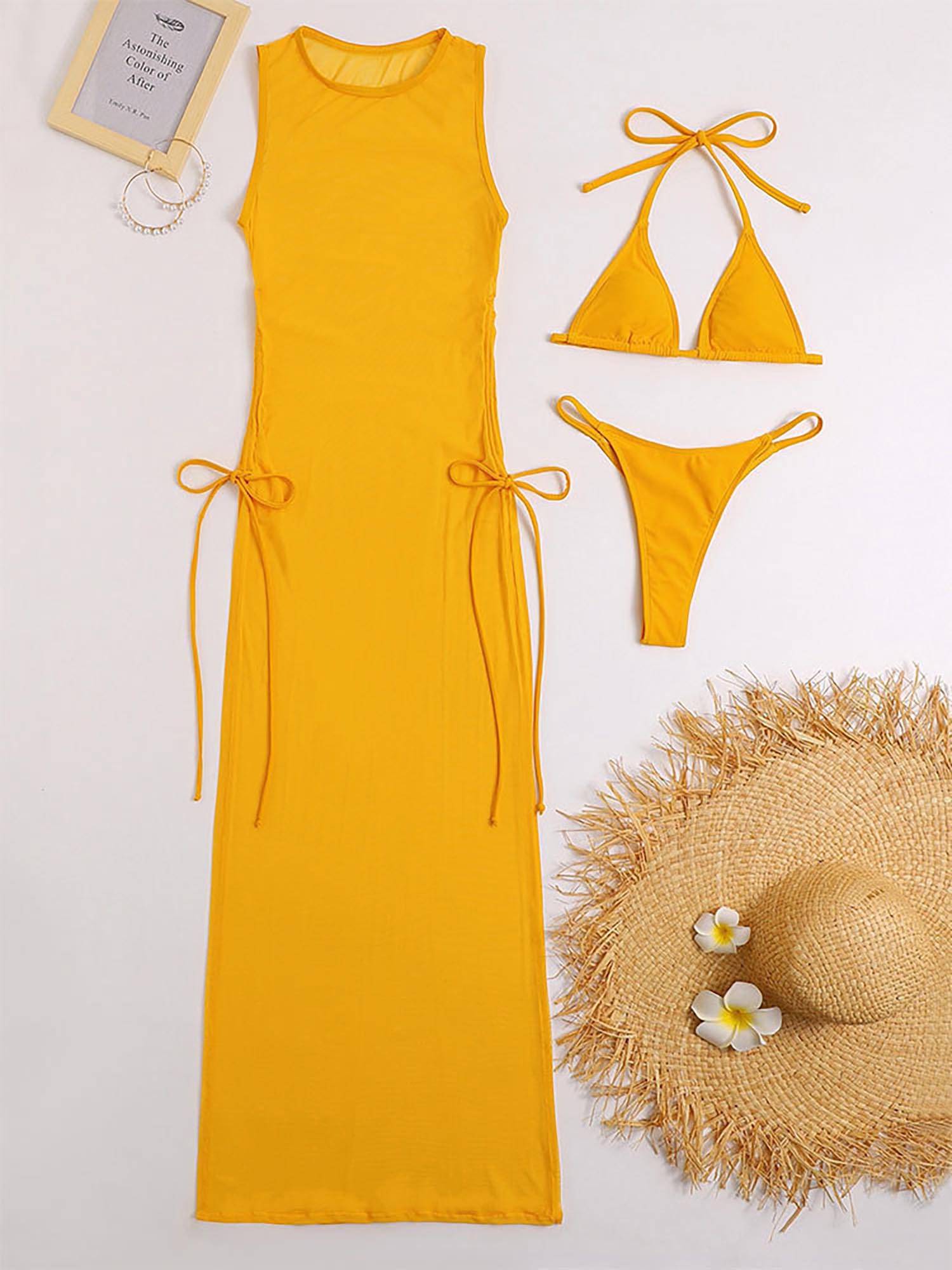 Women 3pcs Bikini Swimsuit Set with Mesh Side Slit Cover Up Dress