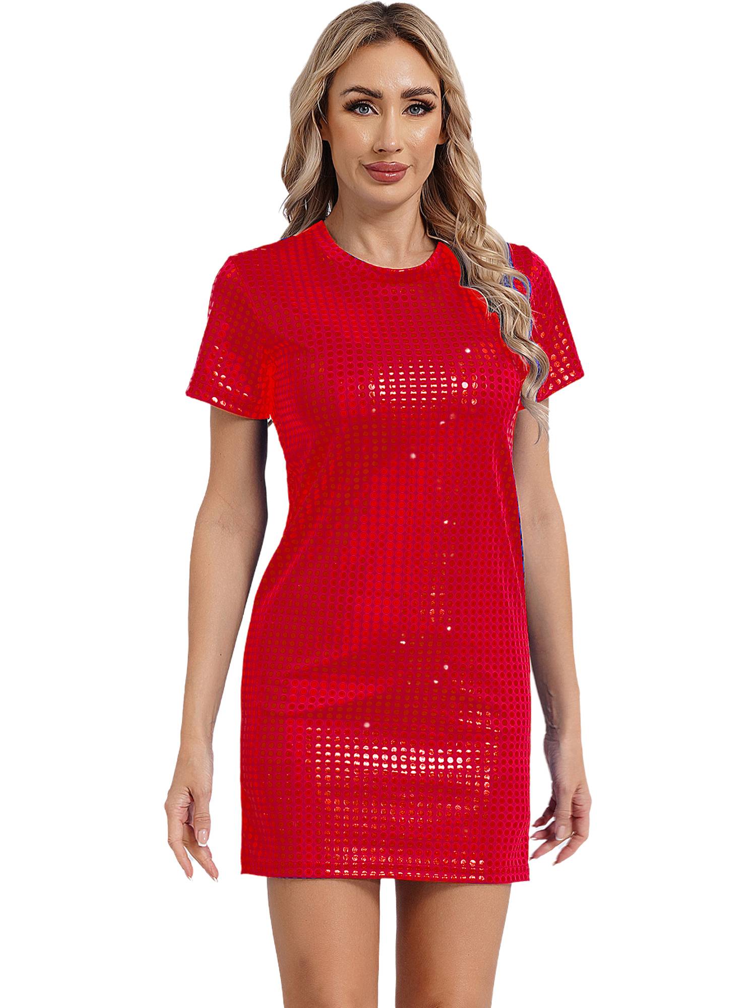 Women Sequins Round Neck Short Sleeve T-shirt Dress for Cocktail