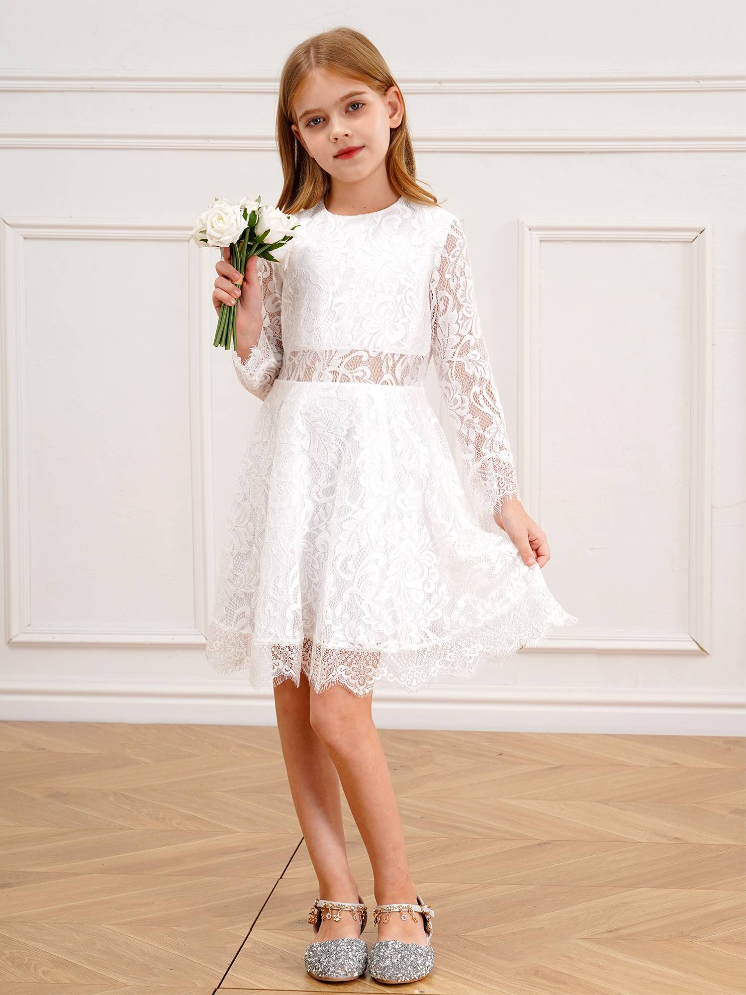 Kids Girls Long Sleeve Floral Lace Flower Girl Dress