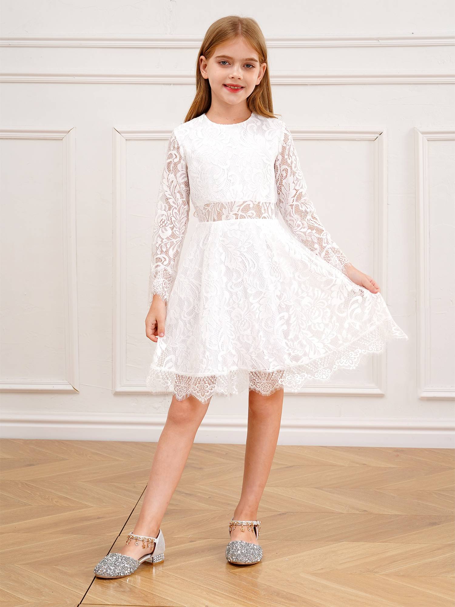Kids Girls Long Sleeve Floral Lace Flower Girl Dress