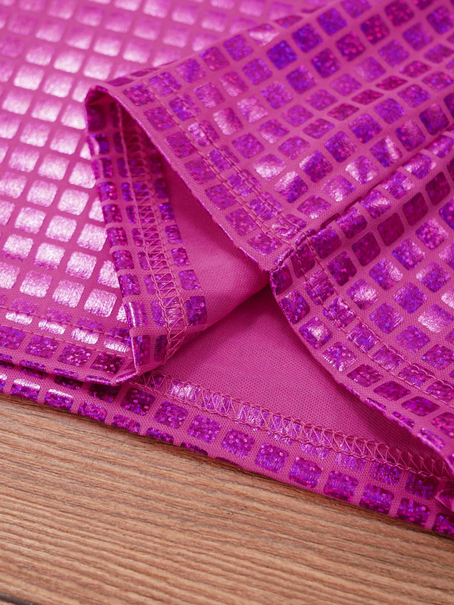 Kids Girls Boys Round Neck Short Sleeve Plaid Sequins Cheerleading Dance T-shirt