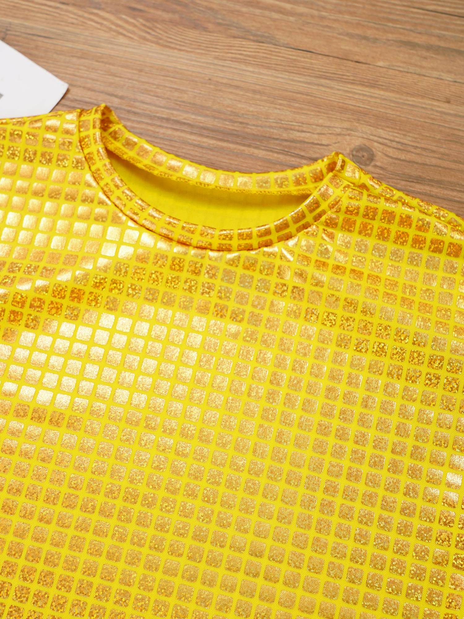 Kids Girls Boys Round Neck Short Sleeve Plaid Sequins Cheerleading Dance T-shirt