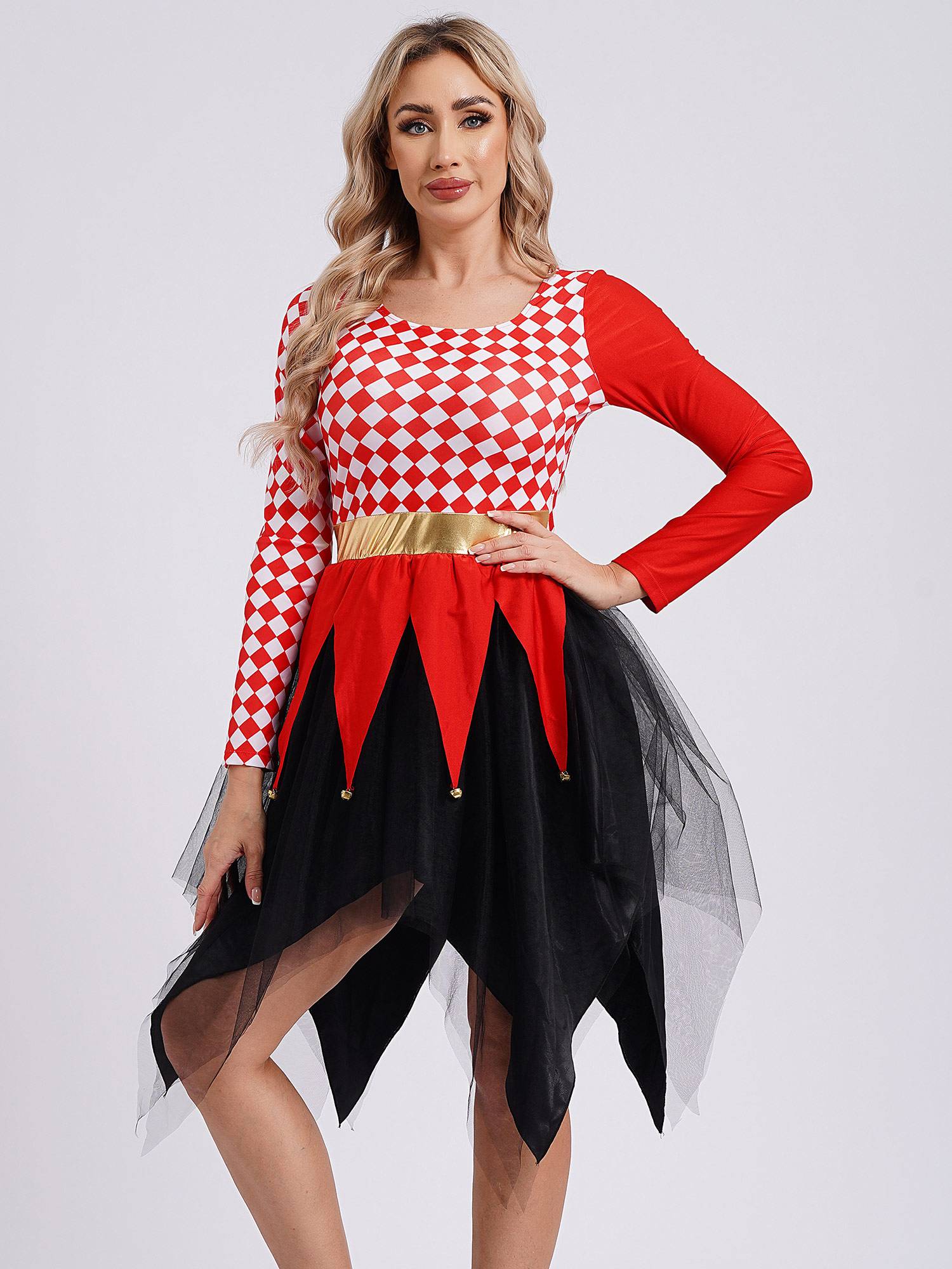 Women Long Sleeve Plaid Asymmetrical Tulle Skirt Clown Dress