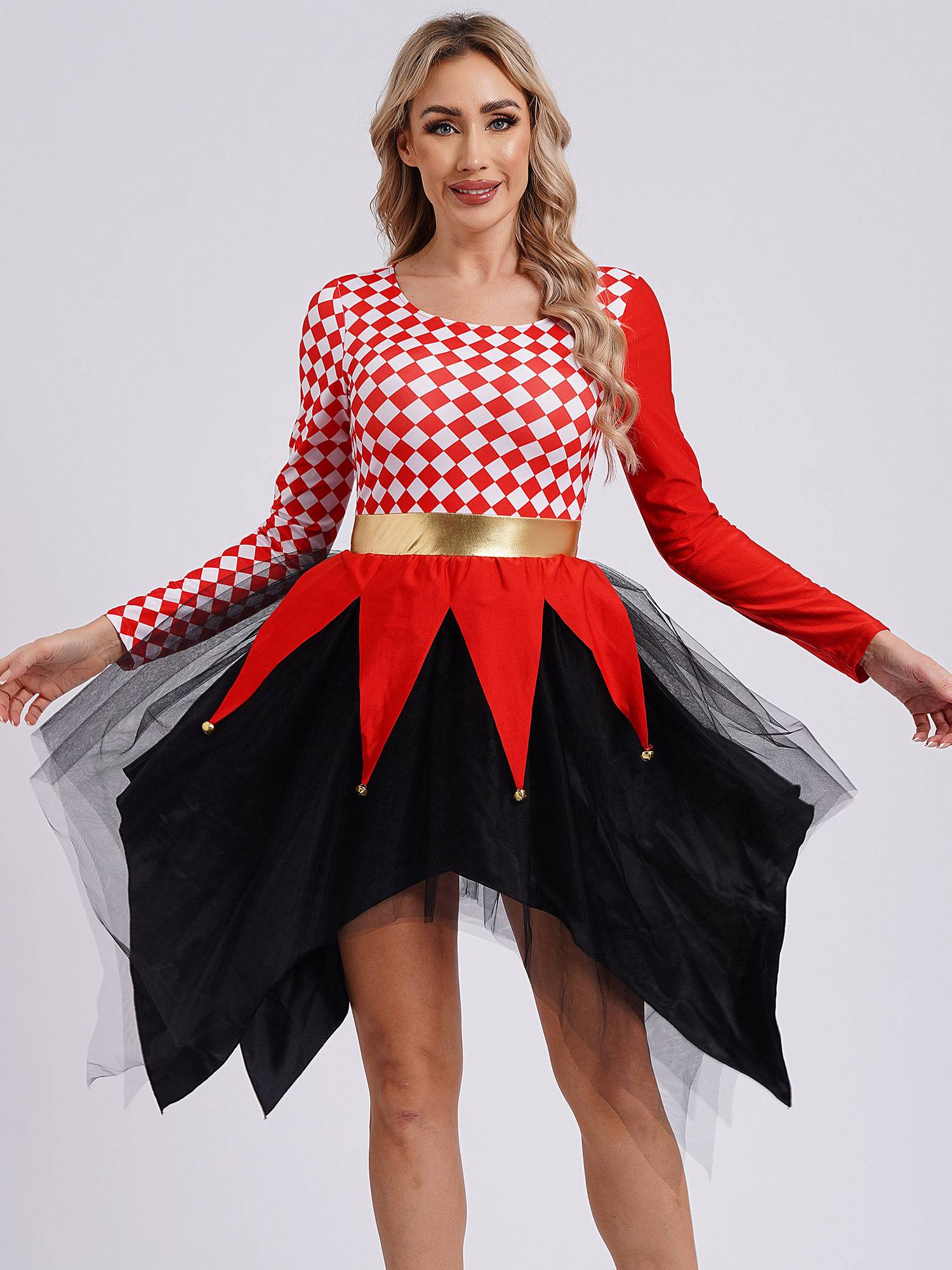 Women Long Sleeve Plaid Asymmetrical Tulle Skirt Clown Dress