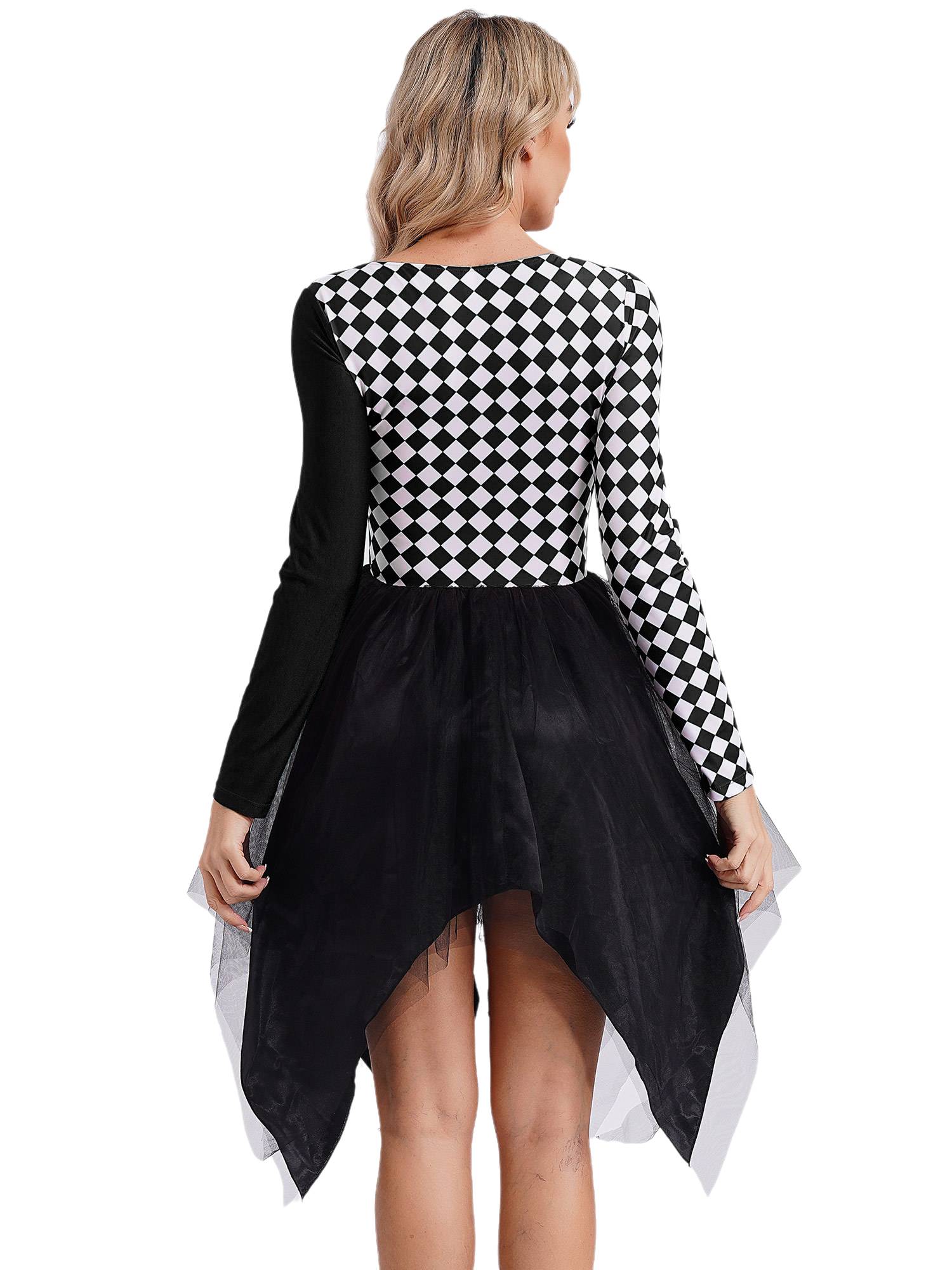 Women Long Sleeve Plaid Asymmetrical Tulle Skirt Clown Dress