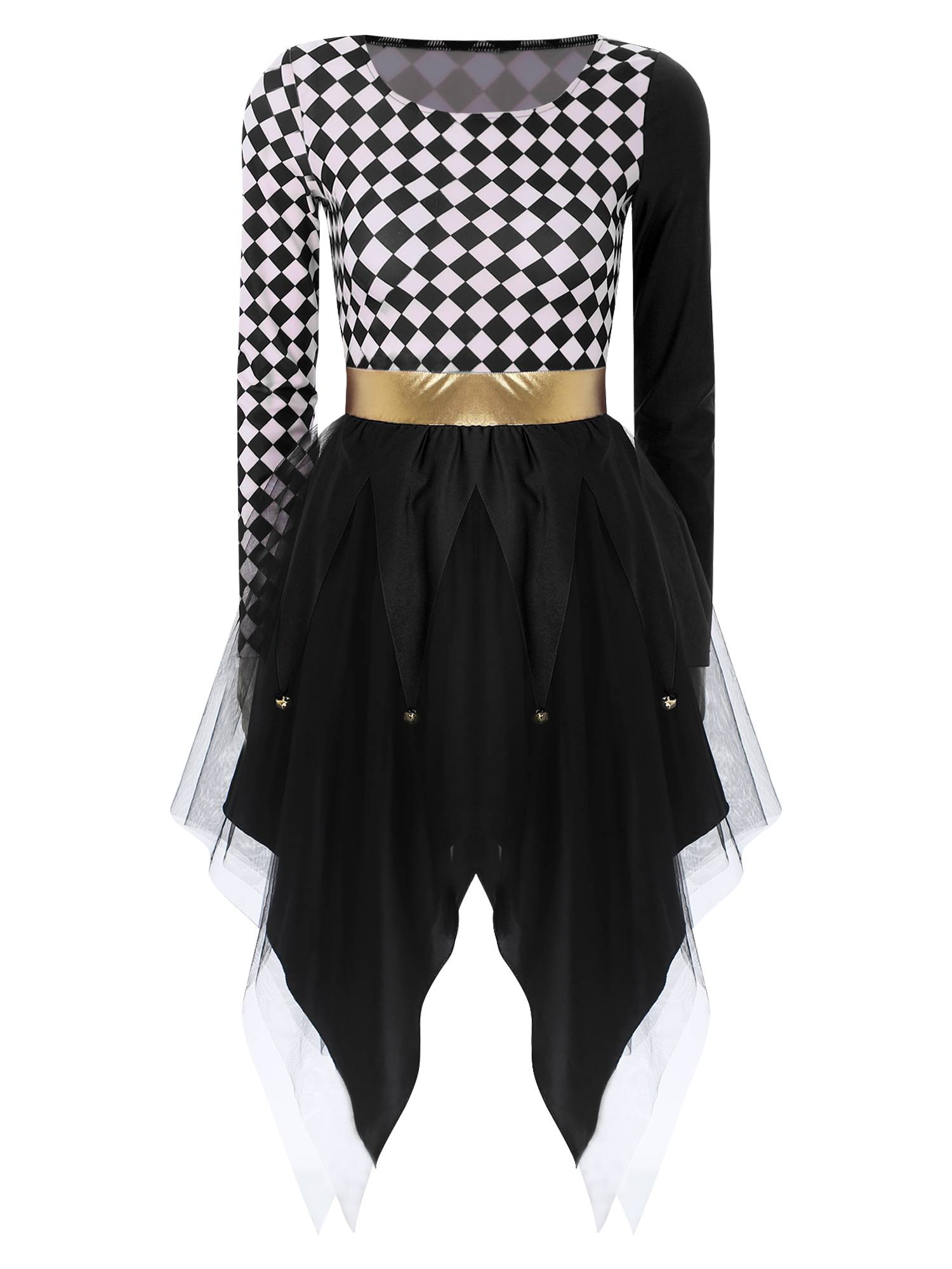 Women Long Sleeve Plaid Asymmetrical Tulle Skirt Clown Dress