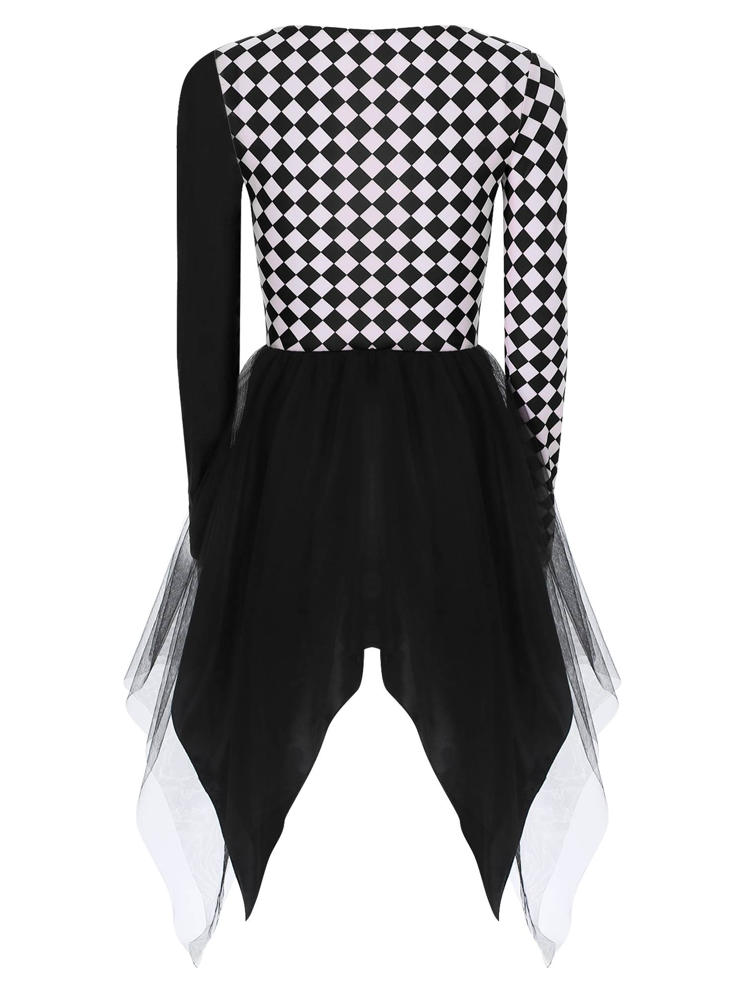 Women Long Sleeve Plaid Asymmetrical Tulle Skirt Clown Dress
