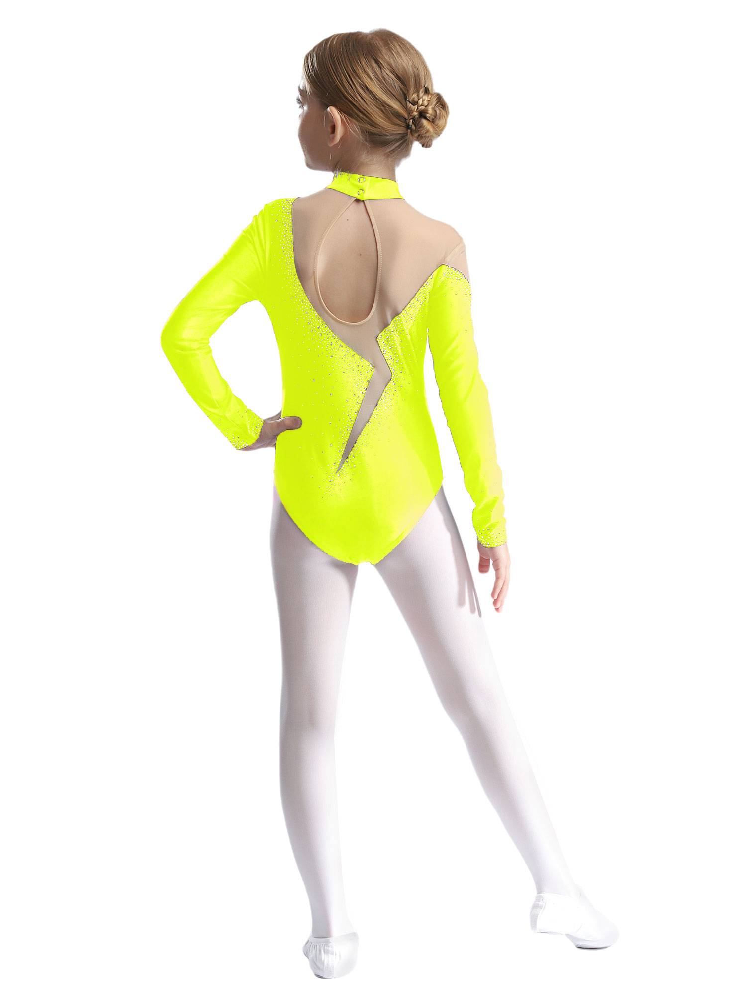 Kids Girls Long Sleeve Sparkly Rhinestones Gymnastics Leotard