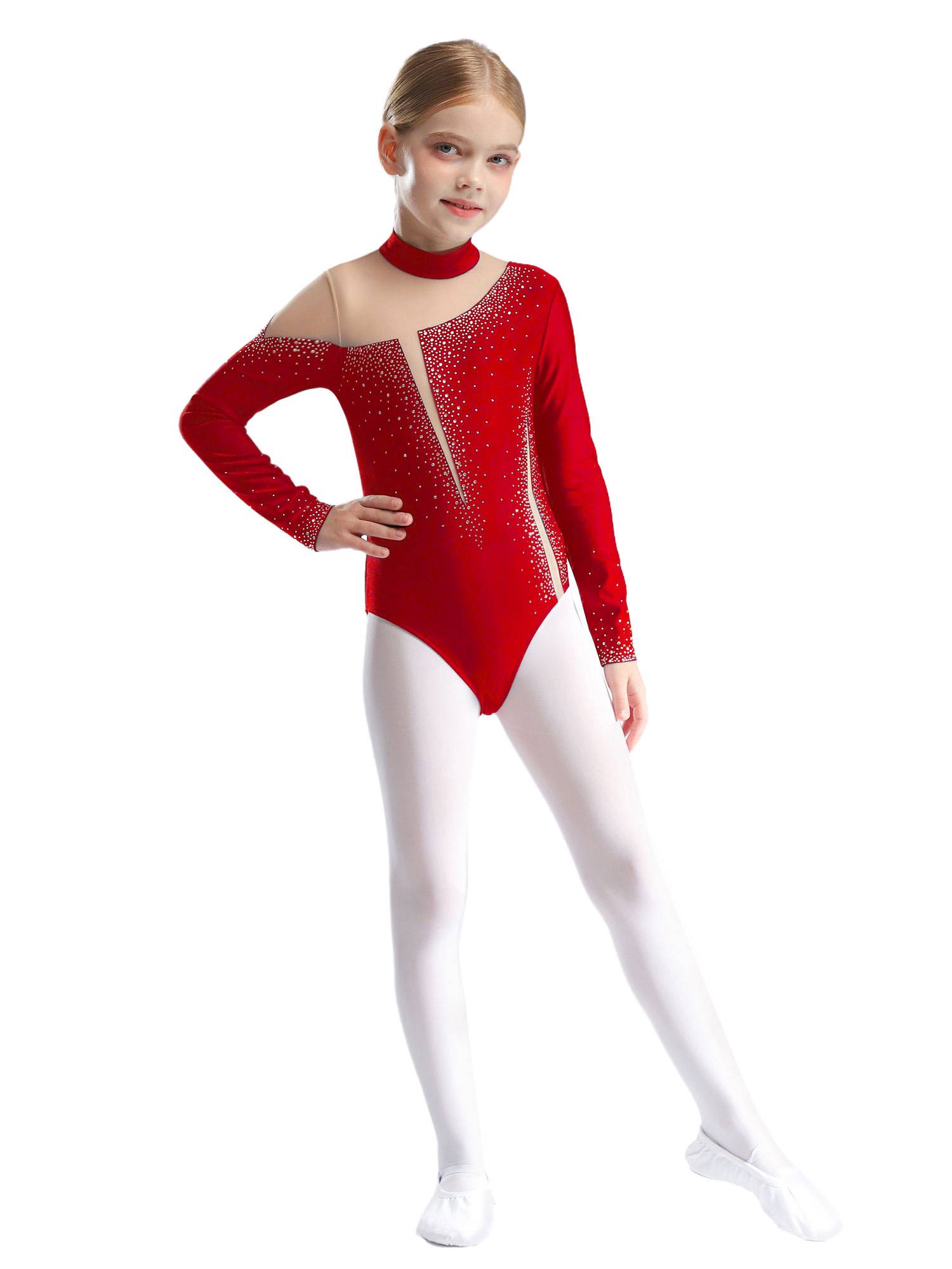 Kids Girls Long Sleeve Sparkly Rhinestones Gymnastics Leotard