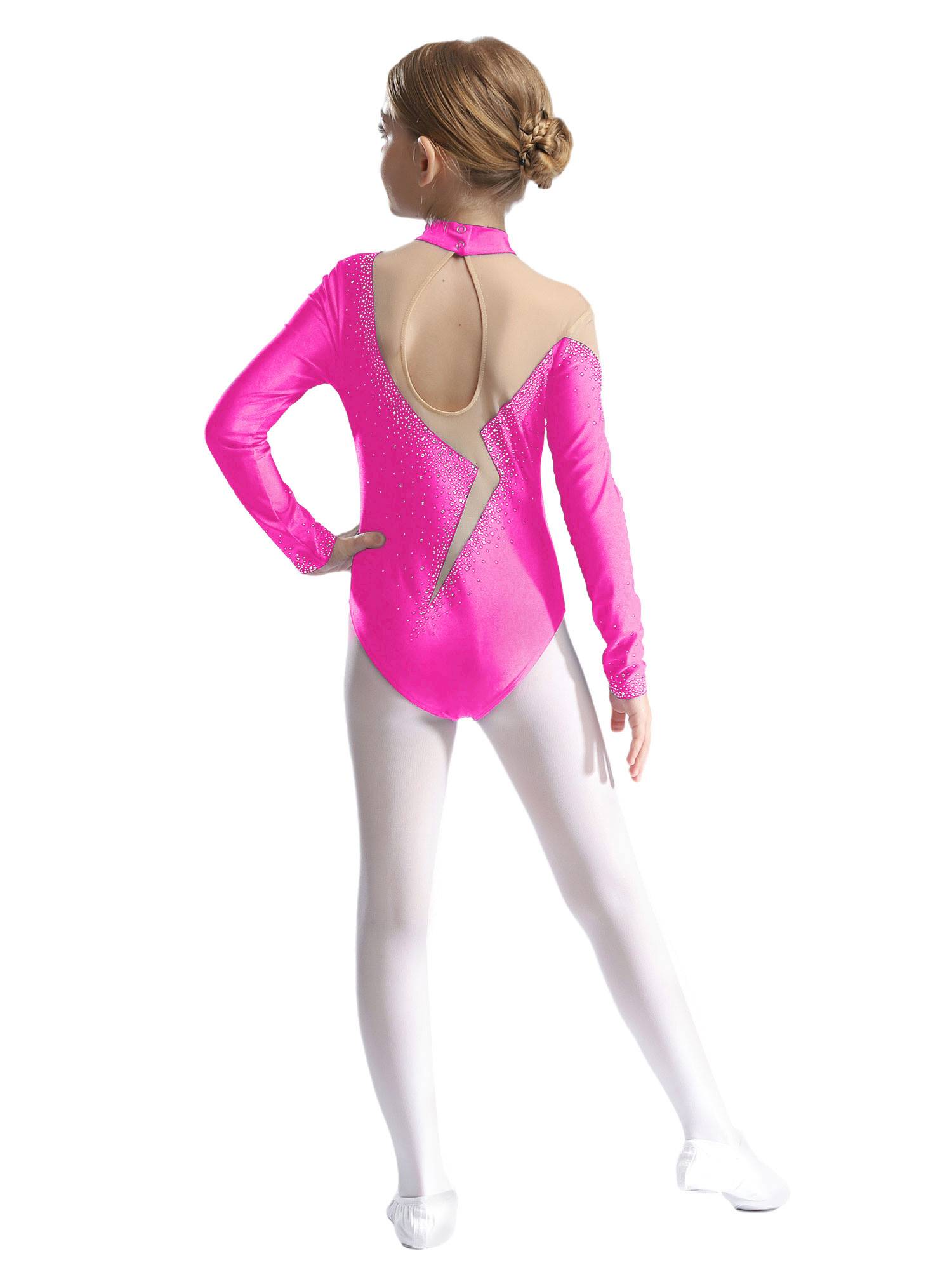 Kids Girls Long Sleeve Sparkly Rhinestones Gymnastics Leotard
