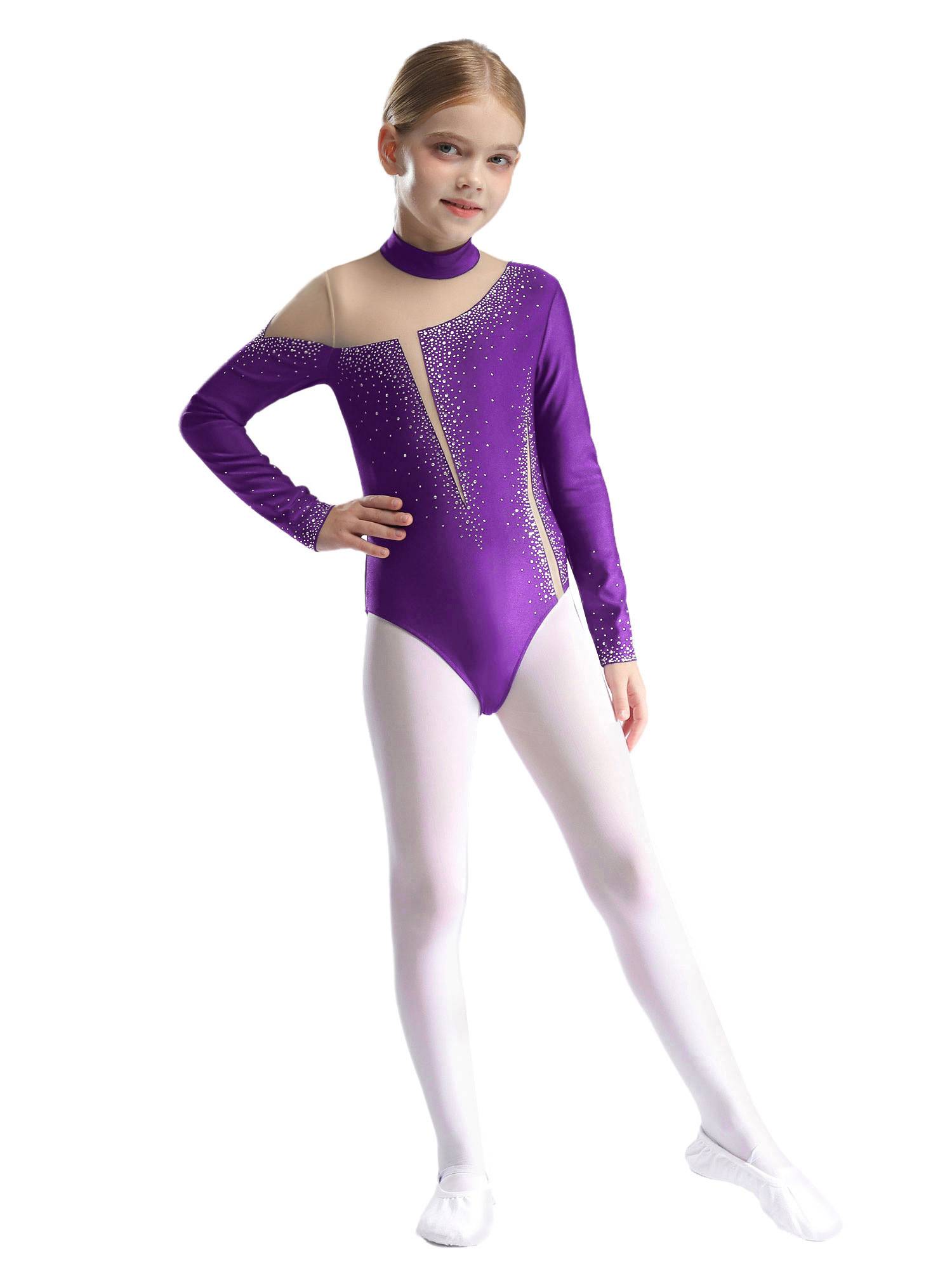 Kids Girls Long Sleeve Sparkly Rhinestones Gymnastics Leotard