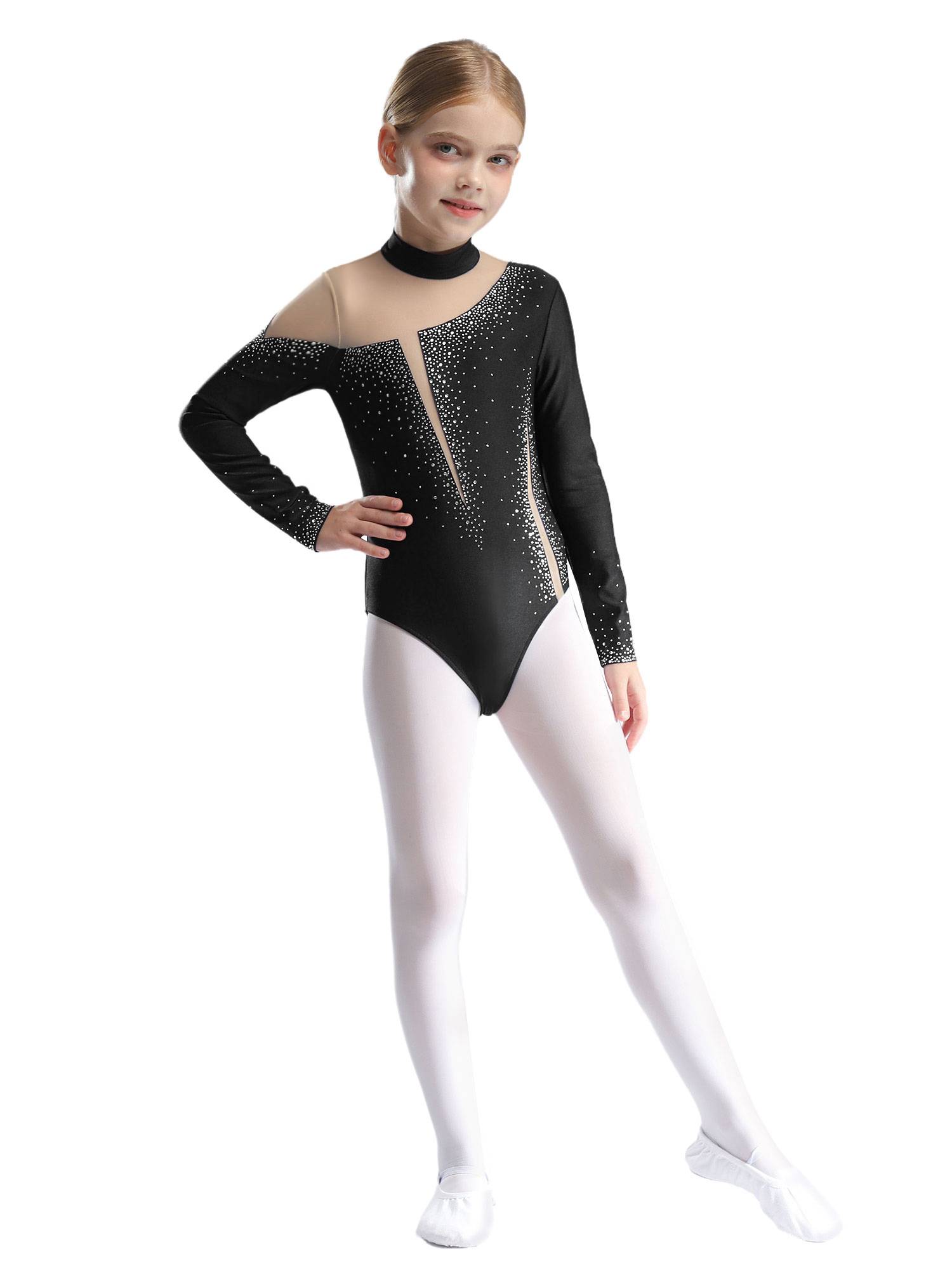 Kids Girls Long Sleeve Sparkly Rhinestones Gymnastics Leotard