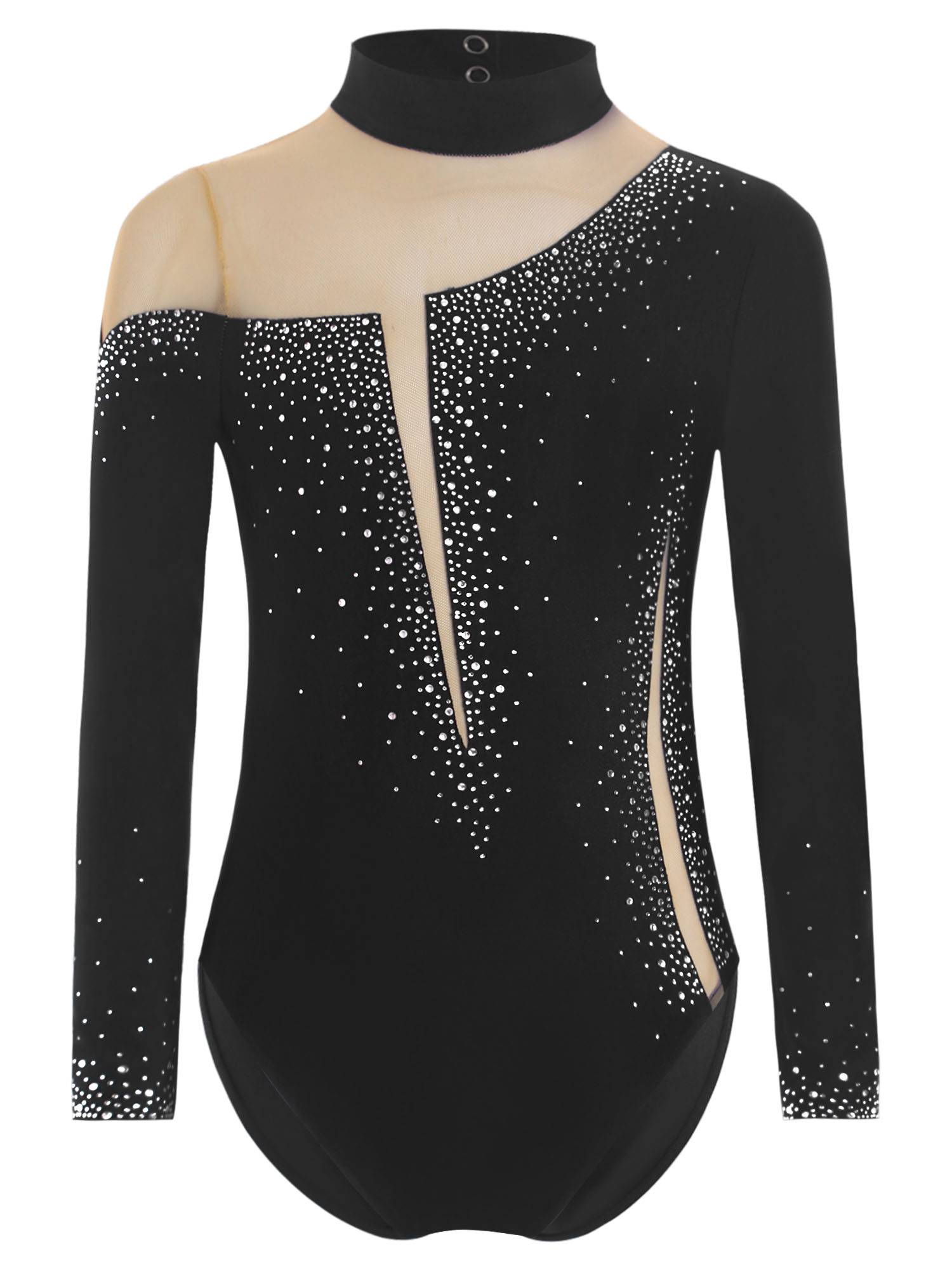 Kids Girls Long Sleeve Sparkly Rhinestones Gymnastics Leotard