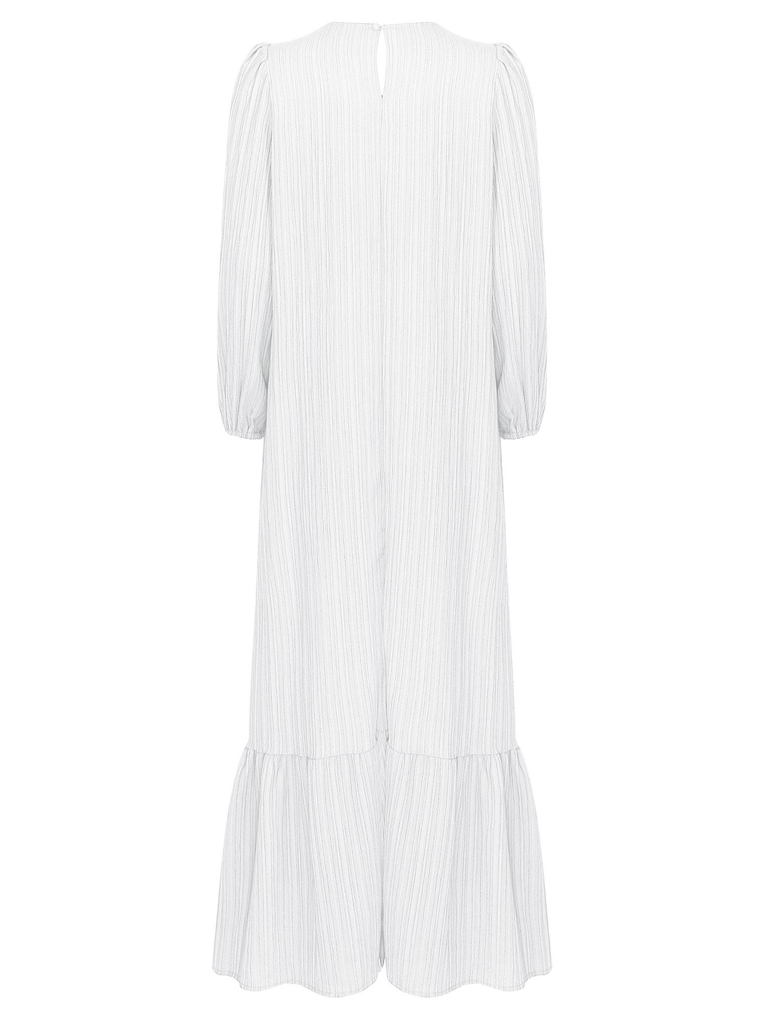 Women Loose Round Neck Long Sleeve Ruffled Hem Maxi Dress for Vacation