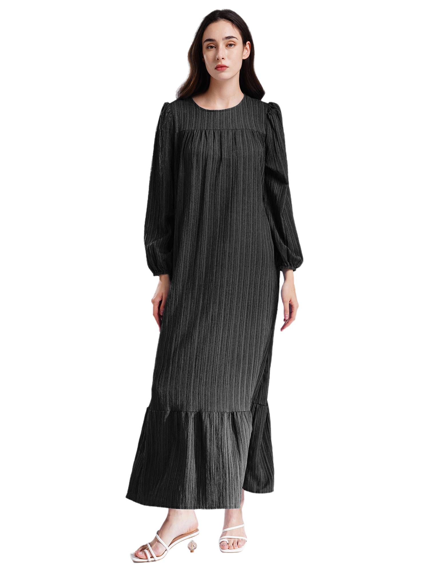 Women Loose Round Neck Long Sleeve Ruffled Hem Maxi Dress for Vacation