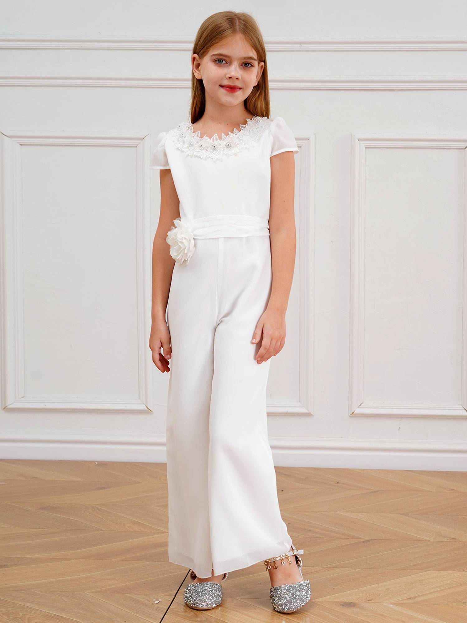 Kids Girls Short Sleeve Flower Applique Jumpsuit for Party