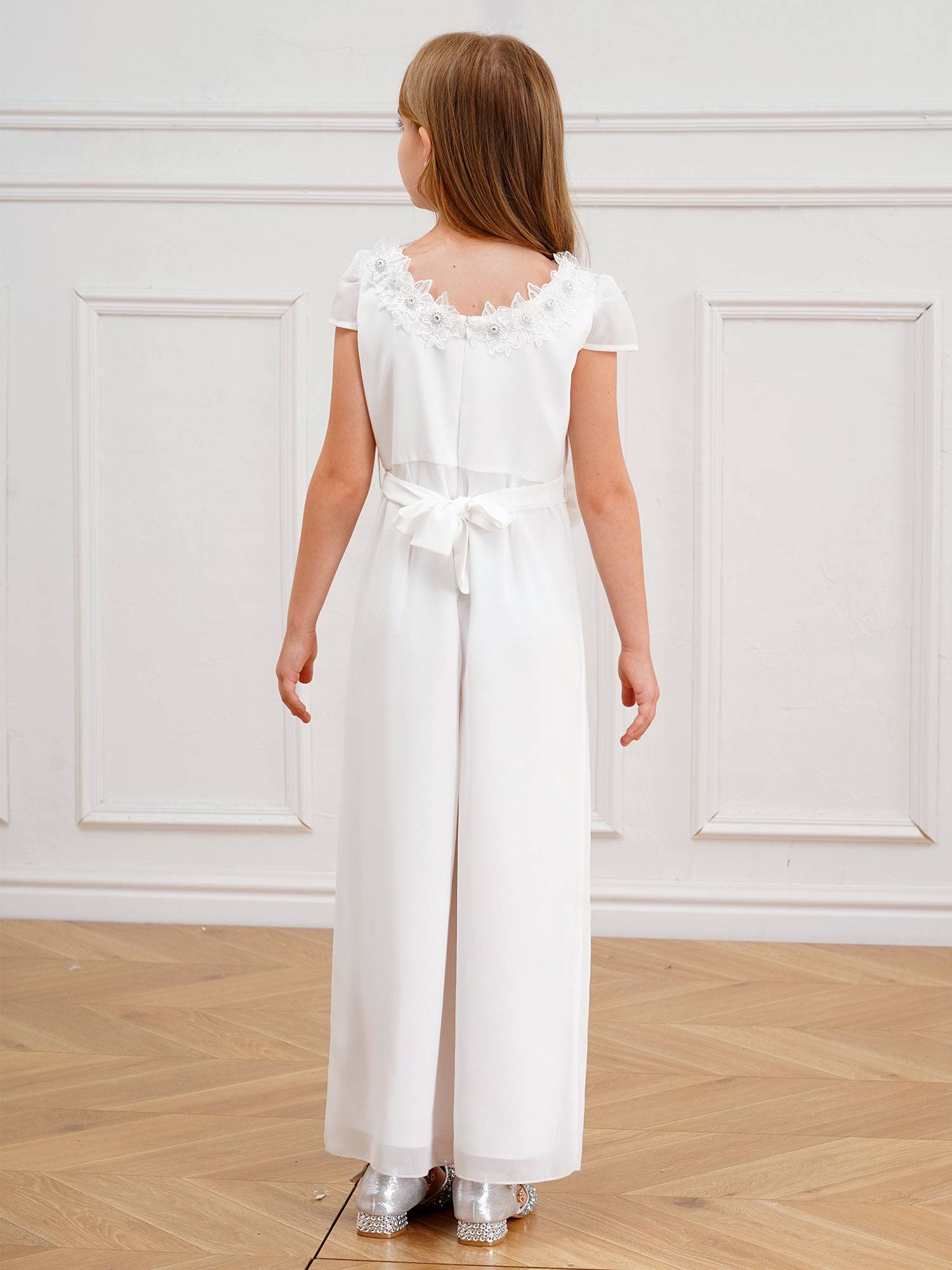 Kids Girls Short Sleeve Flower Applique Jumpsuit for Party