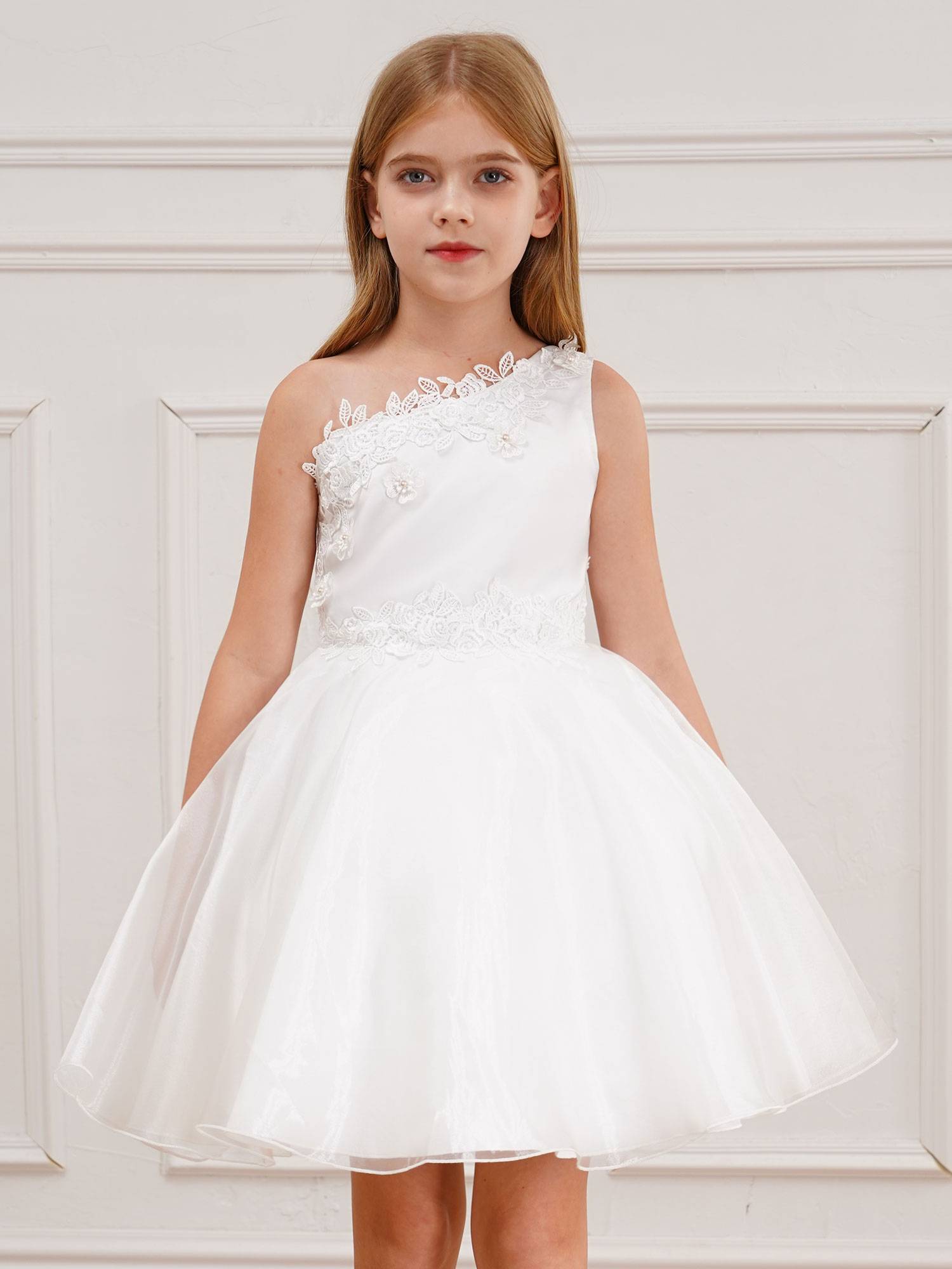 Kids Girls One Shoulder Embroidered A-line Tulle Communion Dress