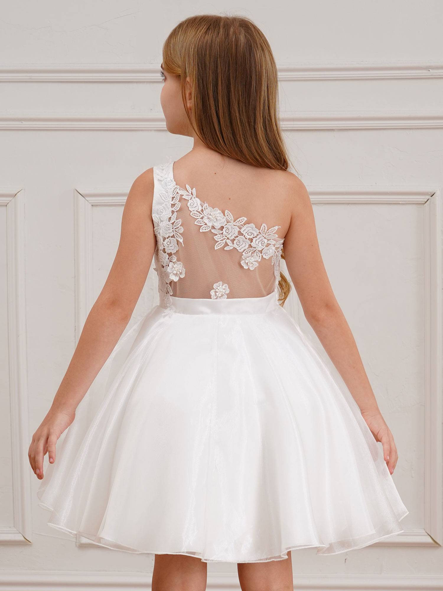 Kids Girls One Shoulder Embroidered A-line Tulle Communion Dress