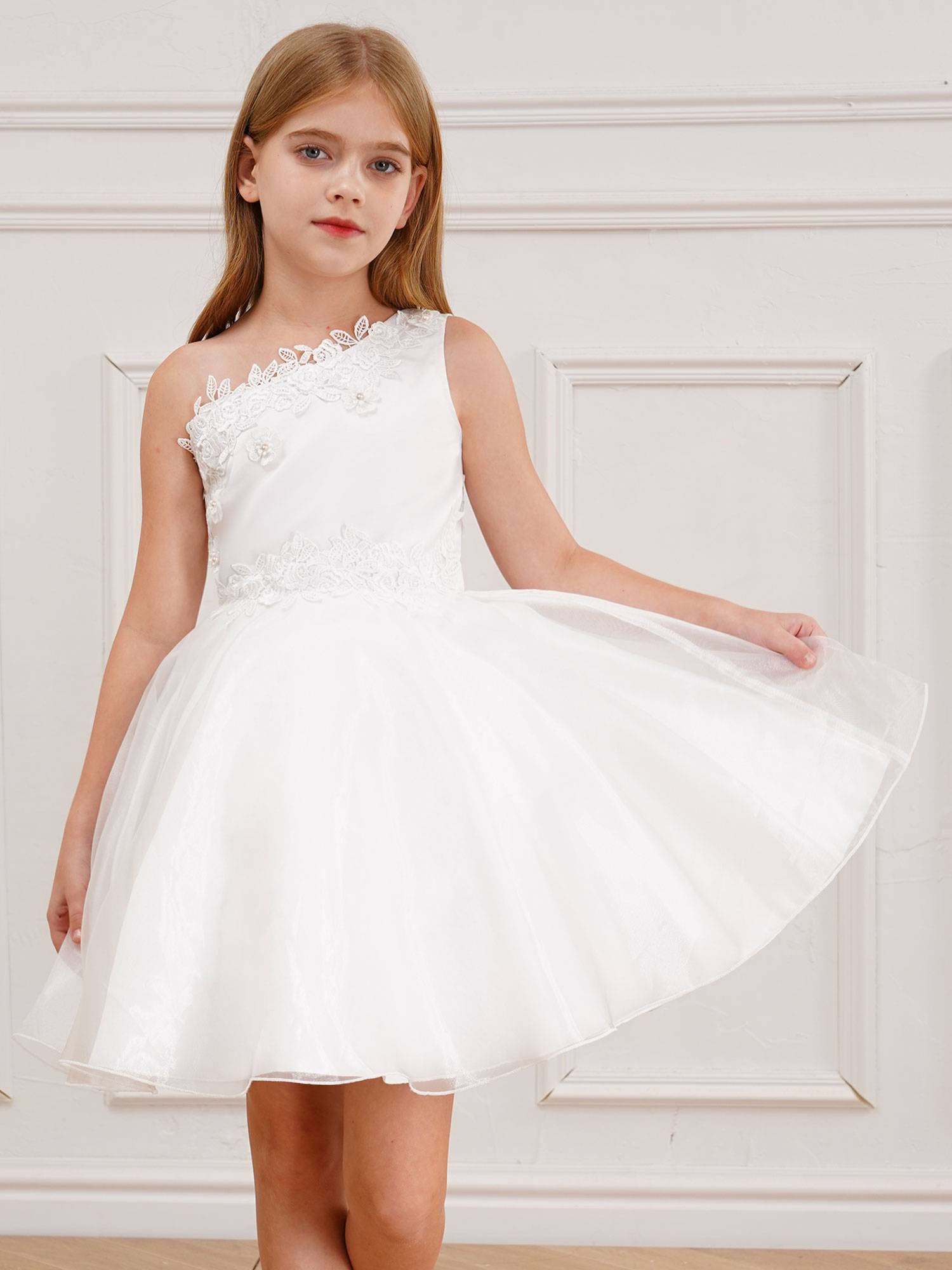 Kids Girls One Shoulder Embroidered A-line Tulle Communion Dress