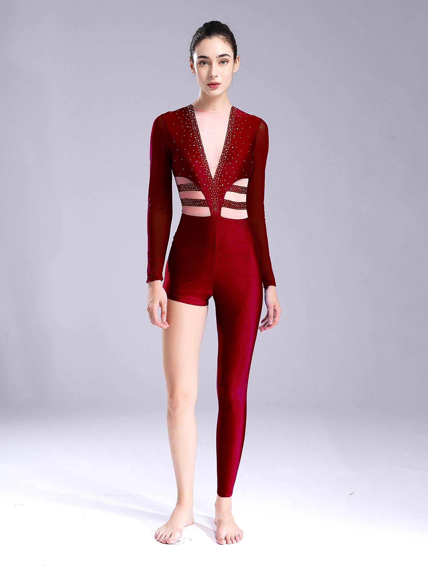 Women Mesh Long Sleeve Rhinestones Asymmetrical Gymnastics Unitard