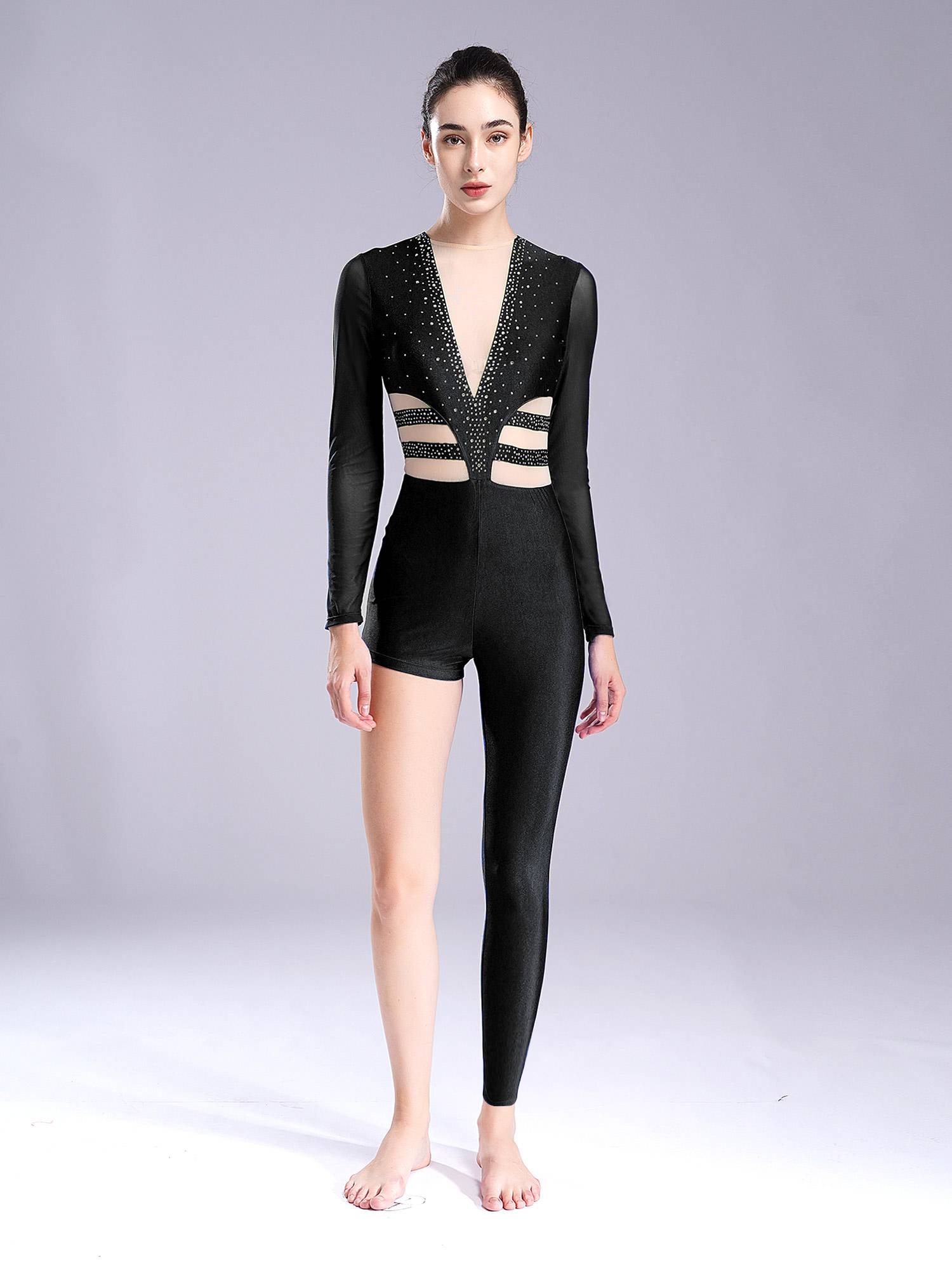 Women Mesh Long Sleeve Rhinestones Asymmetrical Gymnastics Unitard