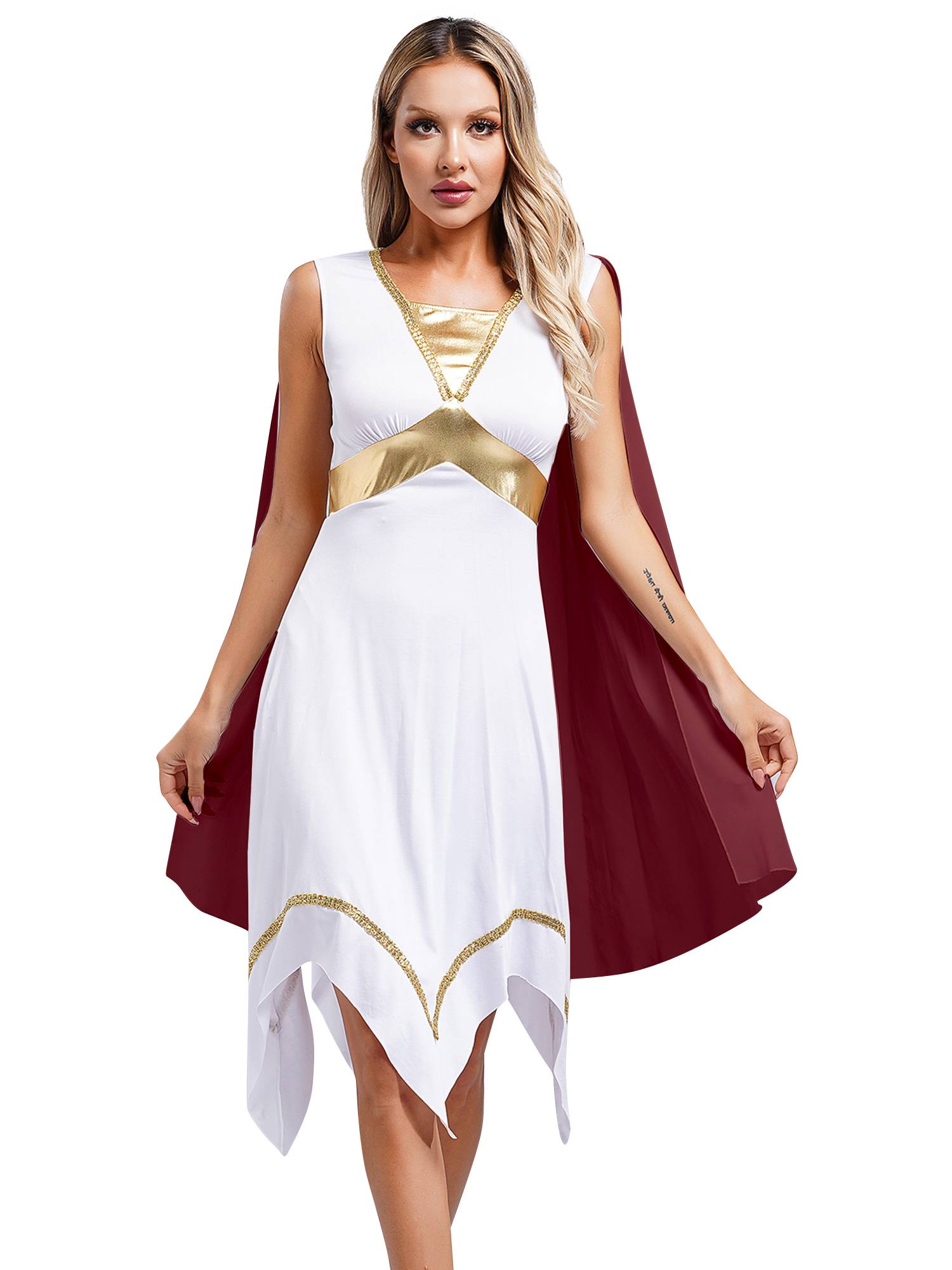 Women Sleeveless Asymmetrical A-line Tunic Ancient Greek Toga Dress with Cape