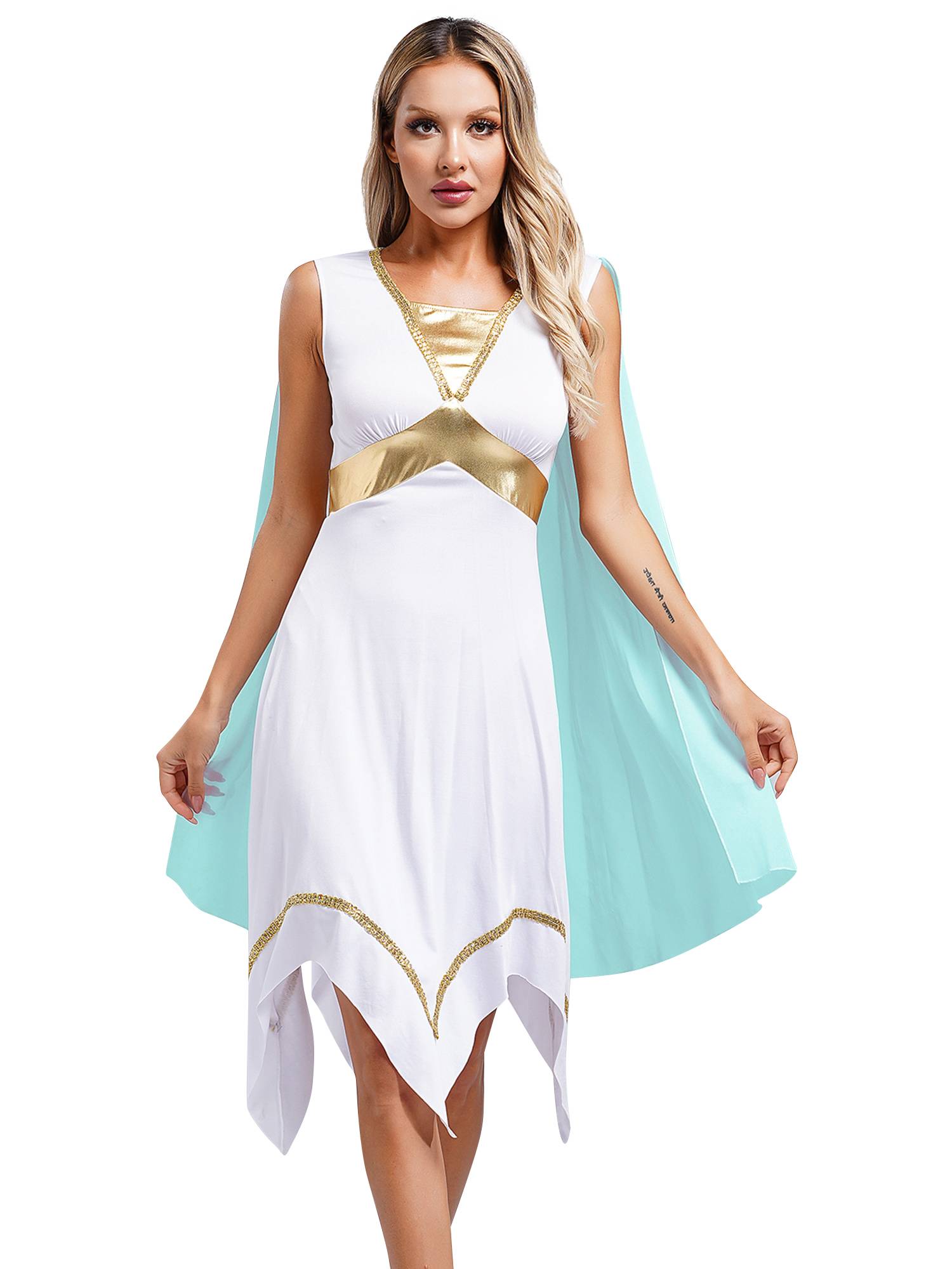 Women Sleeveless Asymmetrical A-line Tunic Ancient Greek Toga Dress with Cape