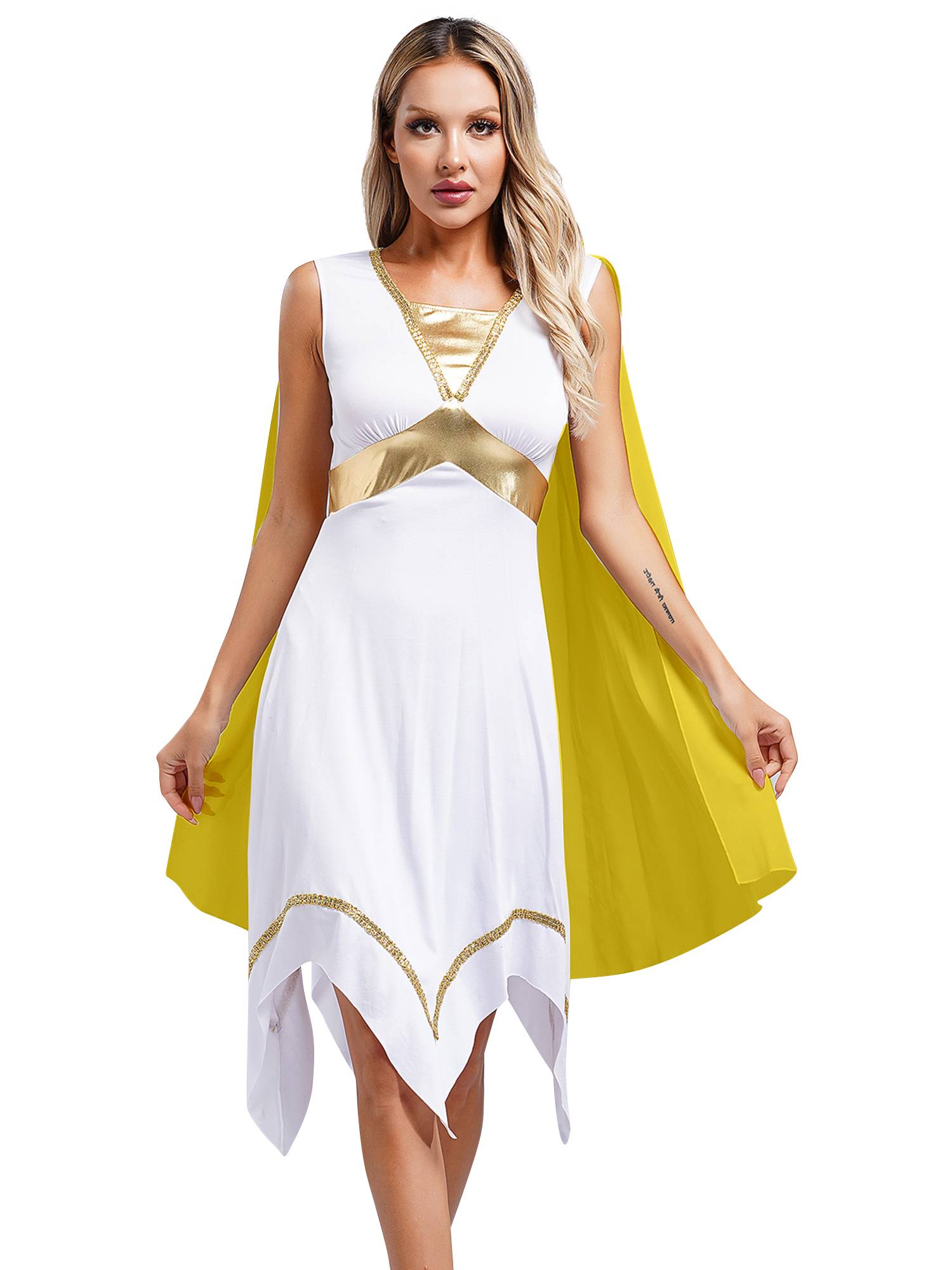 Women Sleeveless Asymmetrical A-line Tunic Ancient Greek Toga Dress with Cape