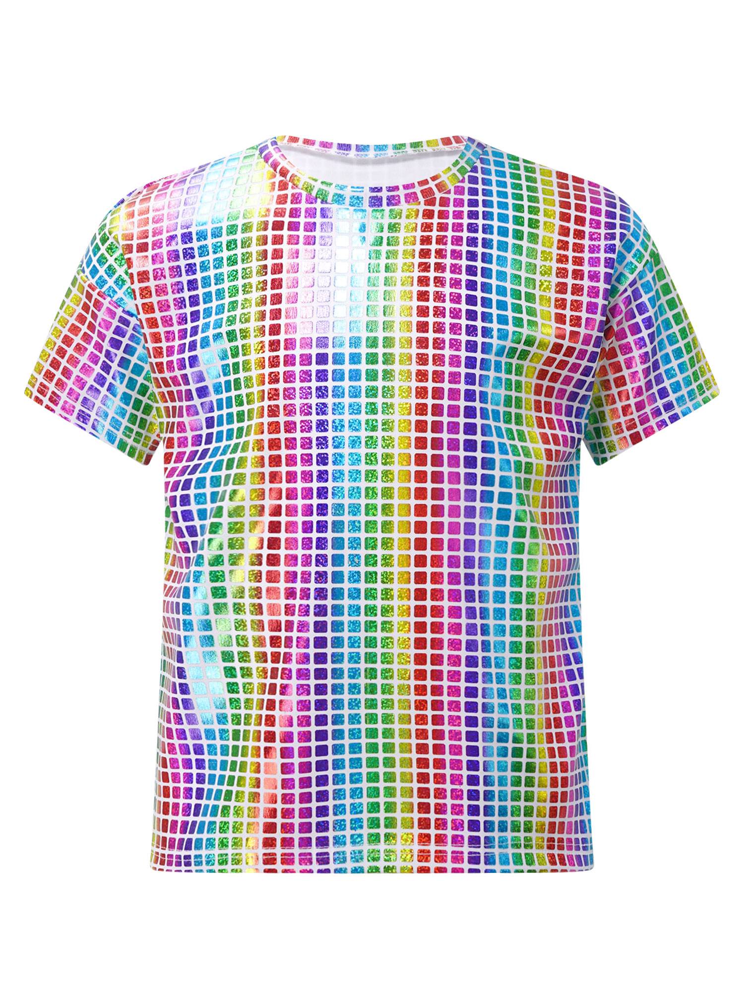 Kids Girls Boys Round Neck Short Sleeve Plaid Sequins Cheerleading Dance T-shirt