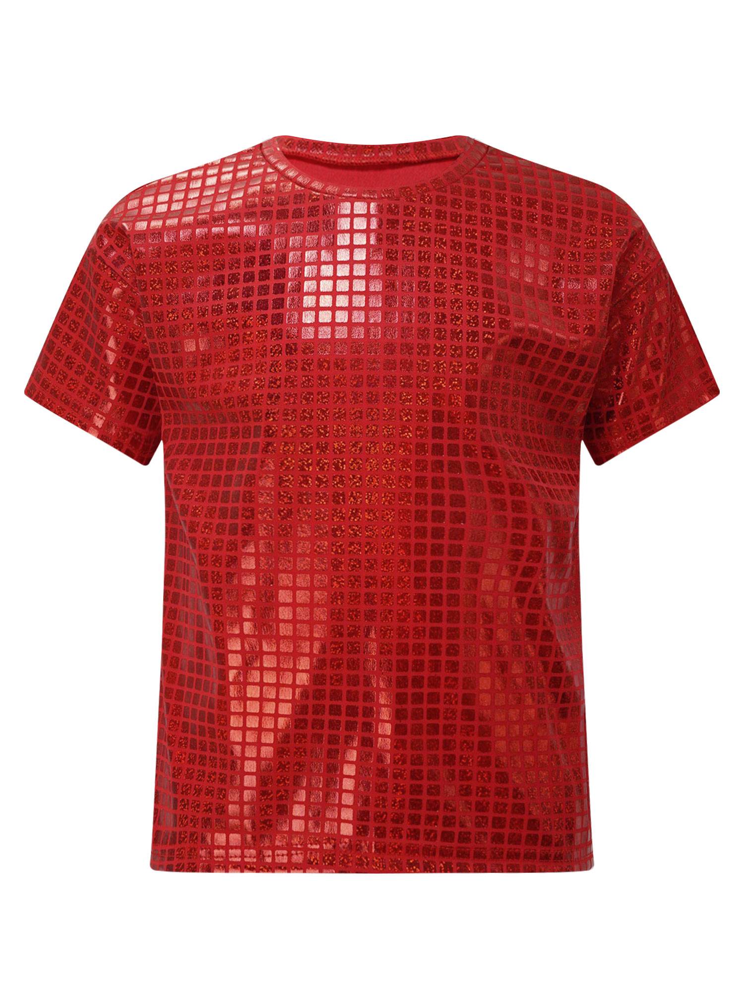 Kids Girls Boys Round Neck Short Sleeve Plaid Sequins Cheerleading Dance T-shirt