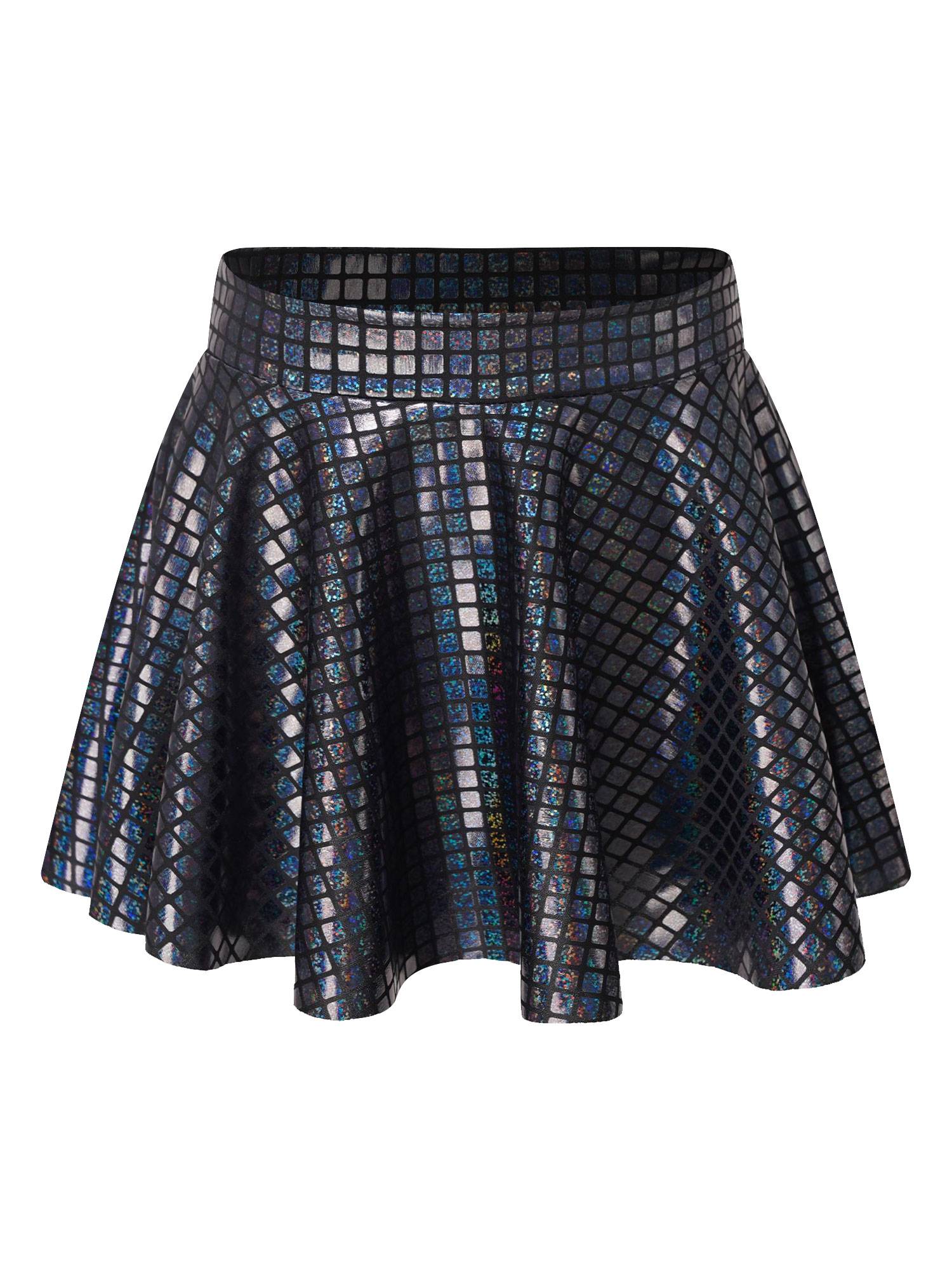 Women Shiny Plaid Sequins A-line Pleated Skirt for Cheerleading Dance