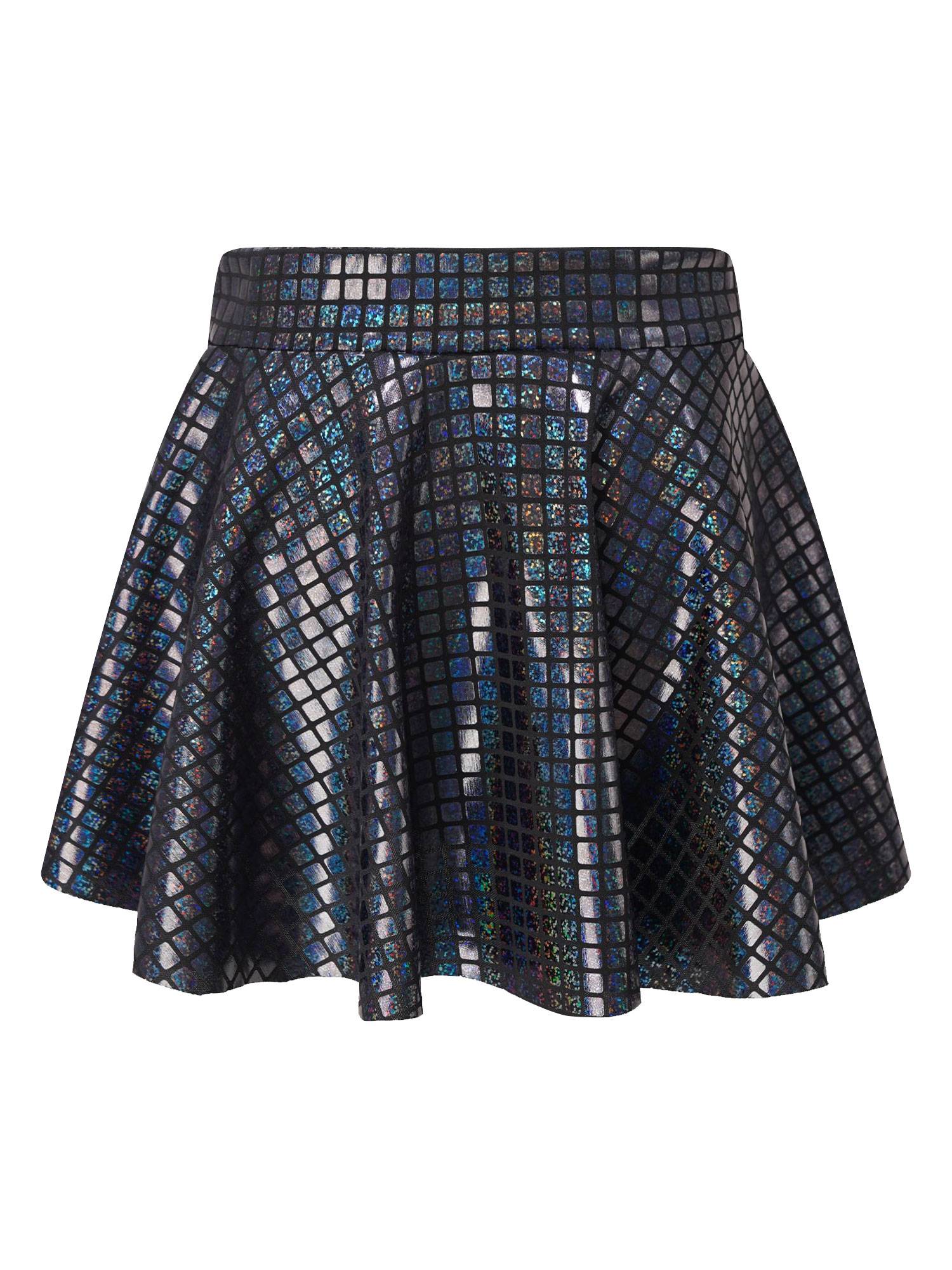 Women Shiny Plaid Sequins A-line Pleated Skirt for Cheerleading Dance