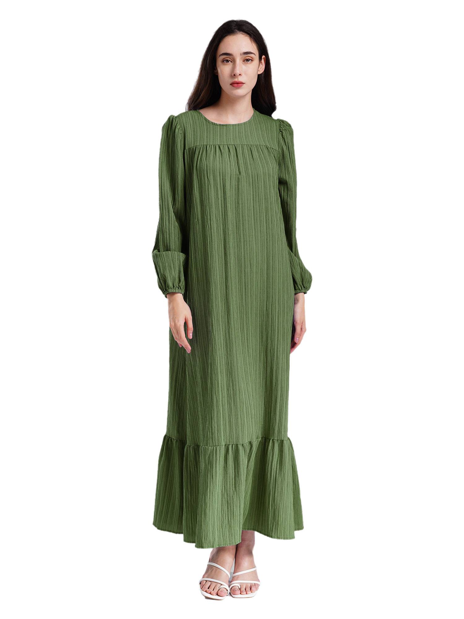 Women Loose Round Neck Long Sleeve Ruffled Hem Maxi Dress for Vacation
