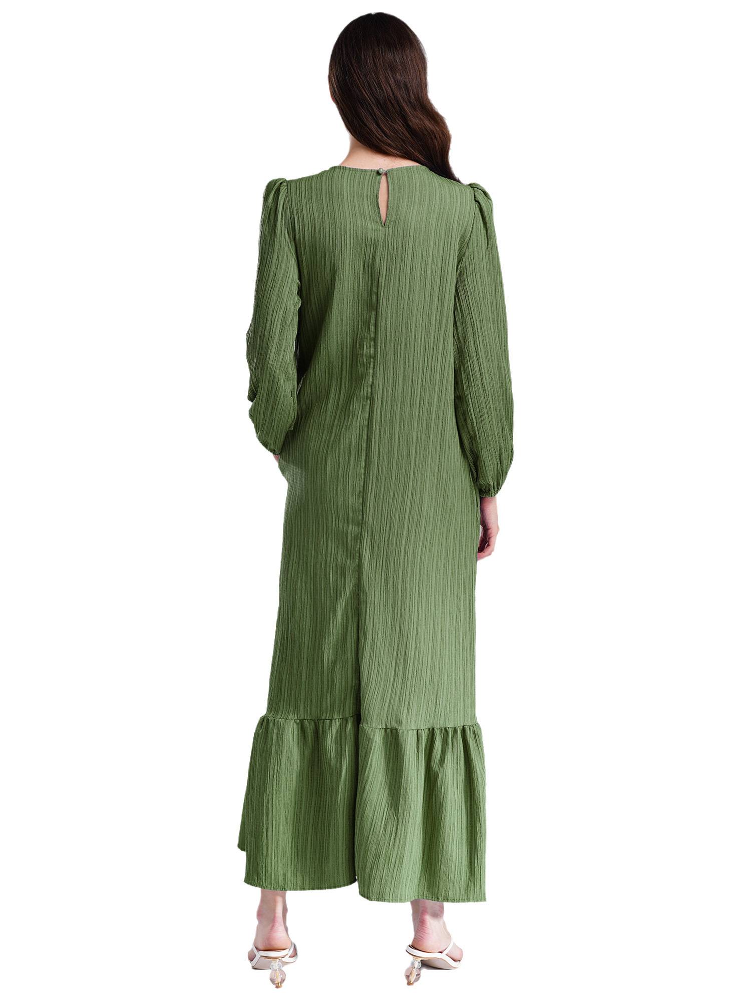 Women Loose Round Neck Long Sleeve Ruffled Hem Maxi Dress for Vacation