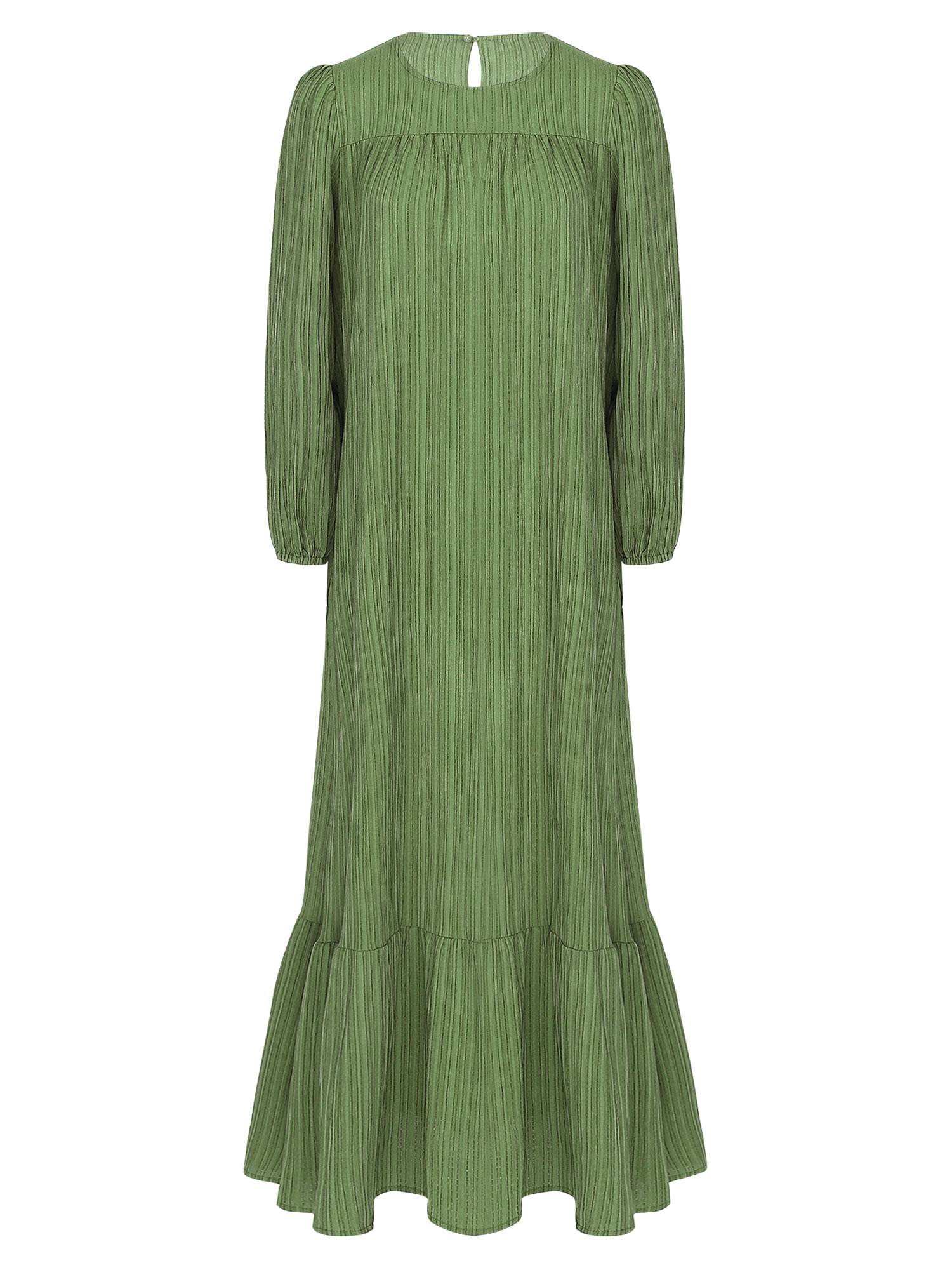 Women Loose Round Neck Long Sleeve Ruffled Hem Maxi Dress for Vacation