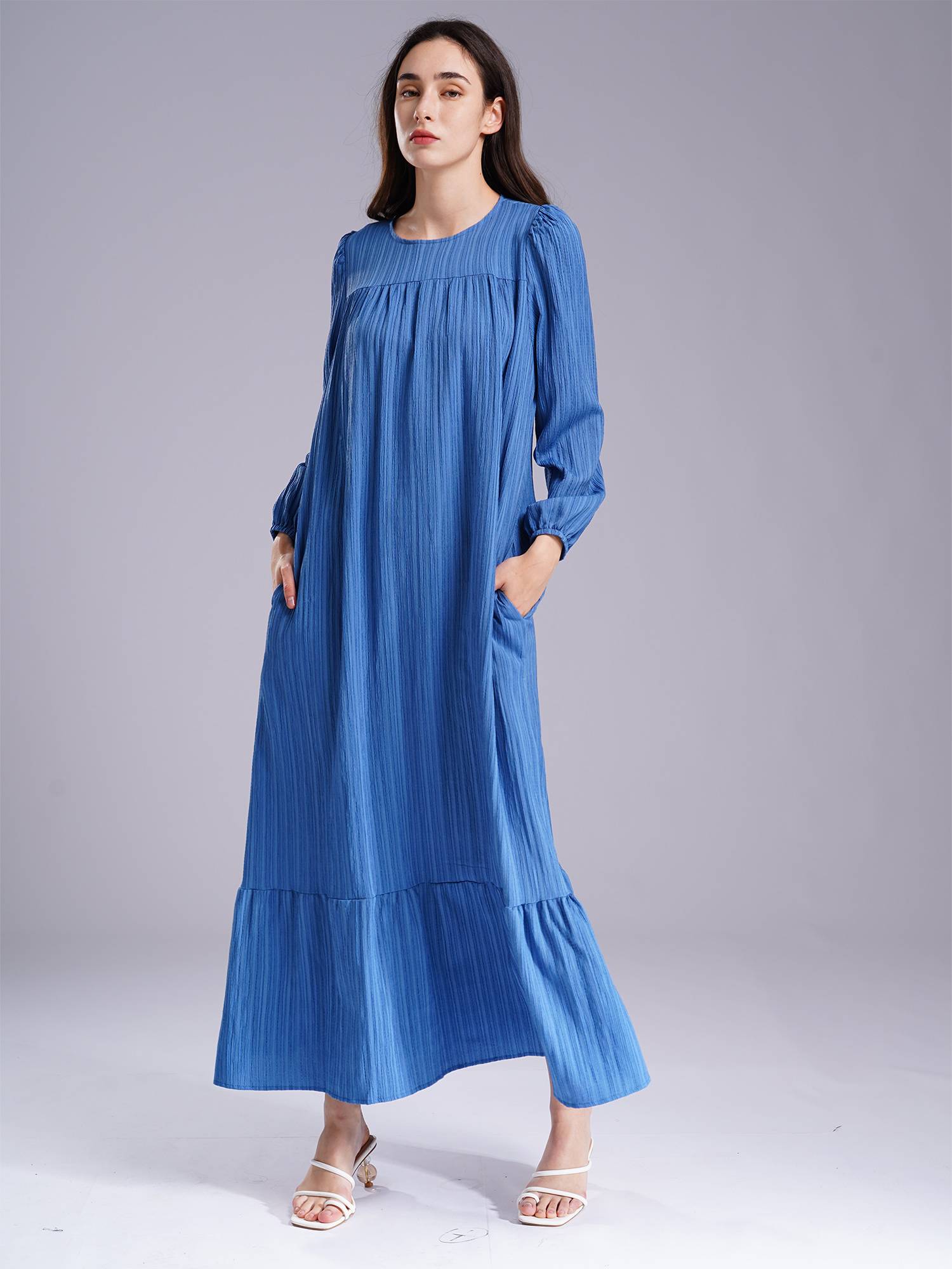 Women Loose Round Neck Long Sleeve Ruffled Hem Maxi Dress for Vacation
