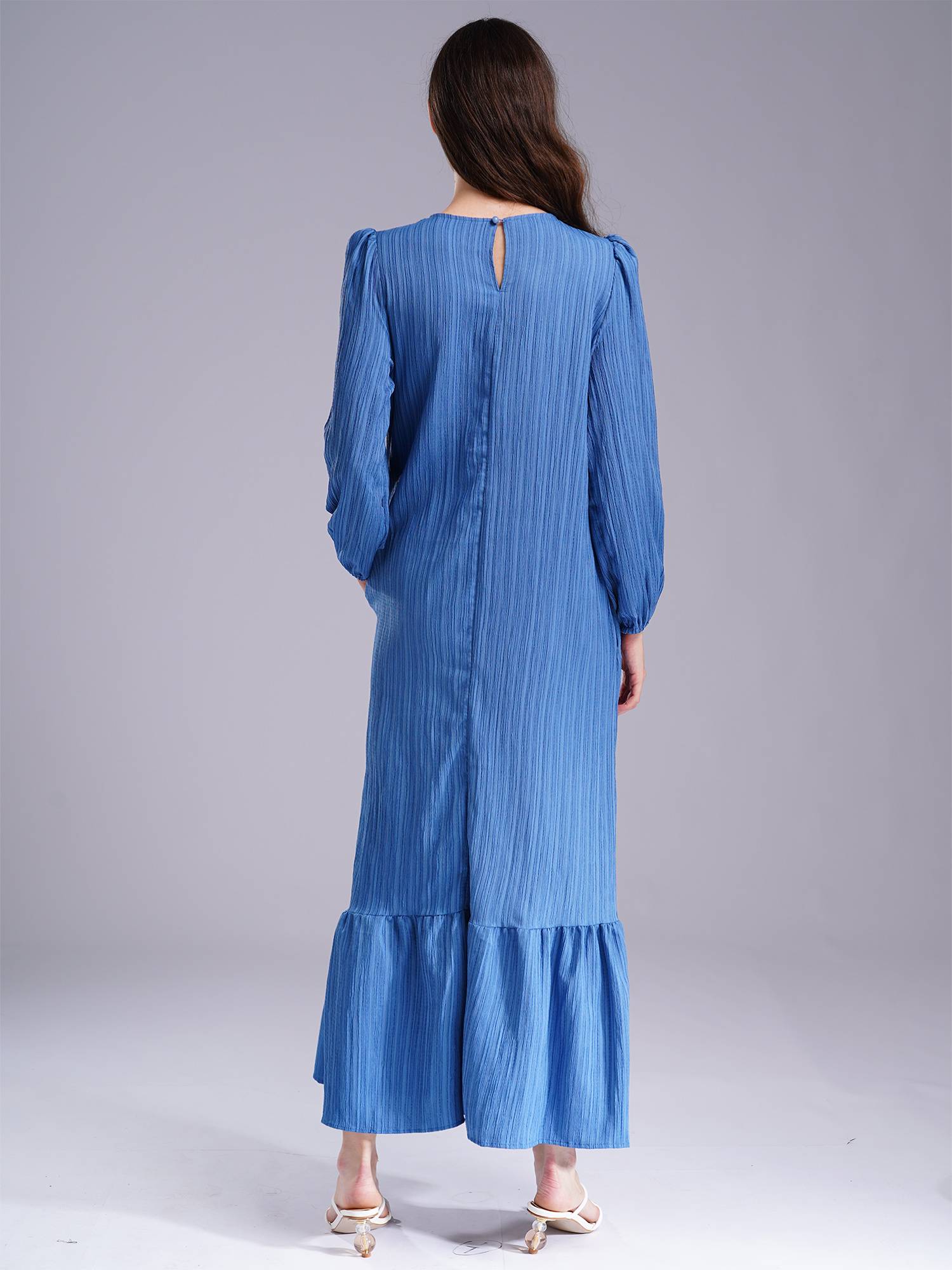 Women Loose Round Neck Long Sleeve Ruffled Hem Maxi Dress for Vacation